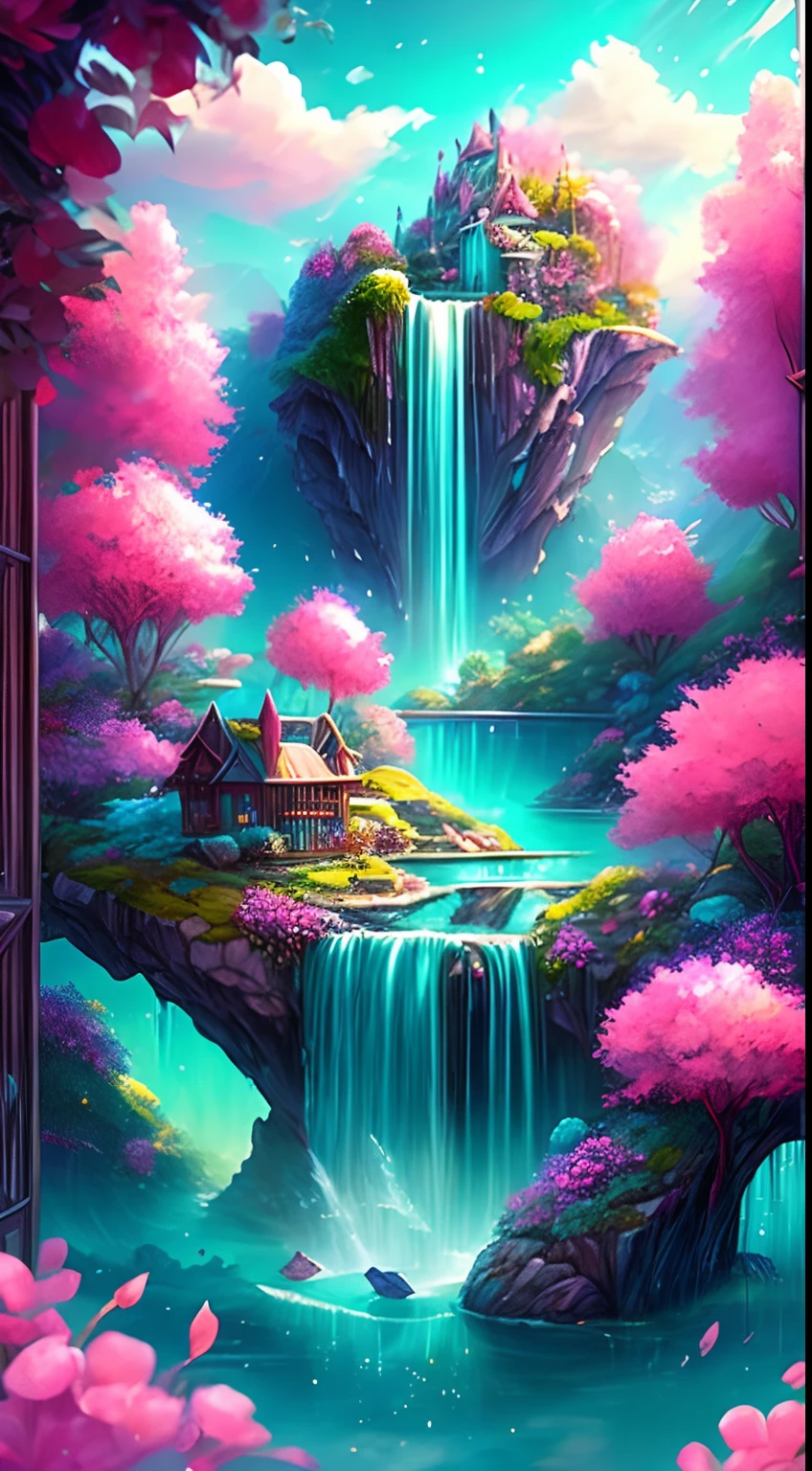 Envision a mesmerizing scene of a ((dreamy and ethereal)) realm of romantic dreams. The environment is filled with intricate floating islands, fluffy clouds, waterfalls cascading from the floating islands, and a vibrant, surreal atmosphere. The atmosphere is filled with a sense of wonder and tranquility. Include many shades of pink in the image along with other vibrant jewel-toned hues. This scene will be depicted in an anime-style illustration, with soft lines, pastel colors, and a whimsical touch. All buildings are extremely detailed and elegant. The artwork will capture the ethereal beauty and tranquility of the dreamlike realm, creating a sense of harmony and escape from the ordinary world. Include teal water, colorful watercolor skies, glowing elements, and many small fantasy details including iridescence, expertly created majestic landscapes, and shimmer and glimmer. Above all else, this should look like a fantasy artwork.