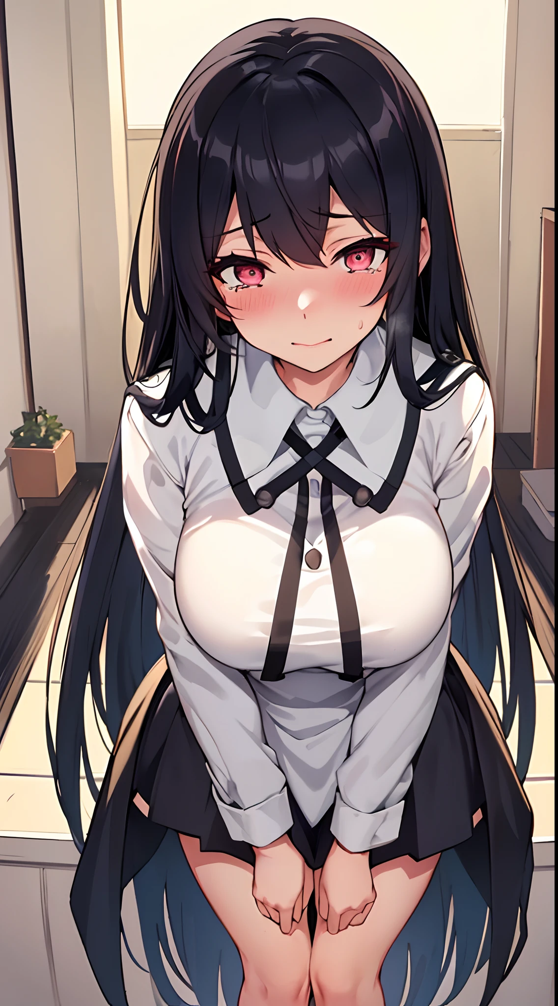 NSFW, (White School Uniform:1.2), (mushoku tensei, Akatsuki-chan, Drooping big tits:1.2, age19), (Straight hair, Very beautiful black hair, Beautiful bangs), (masterpiece:1.2, of the highest quality:1.2, 8K, 2D:1.3, wall-paper:1.2, The Ultimate Illustrator:1.2, High resolution), (More eyelashes), (Sharply drawn eyes, Tears), Extremely Close, (Ultra detailed eyes, bright pink eyes:1.2), (Beautiful detail double), Smooth nose, (Best proportions:1.2, Curvaceous:1), ((1 Boy and 1 Girl Standing Having Sex From Backside POV:1.3)), in heat:1.3, Sweat:1.3, Pleasure Ecstasy:1.3, Slow piston:1.2), (Bright Entrance), (great joy:1.2), (「おちんちんちょうだい」)