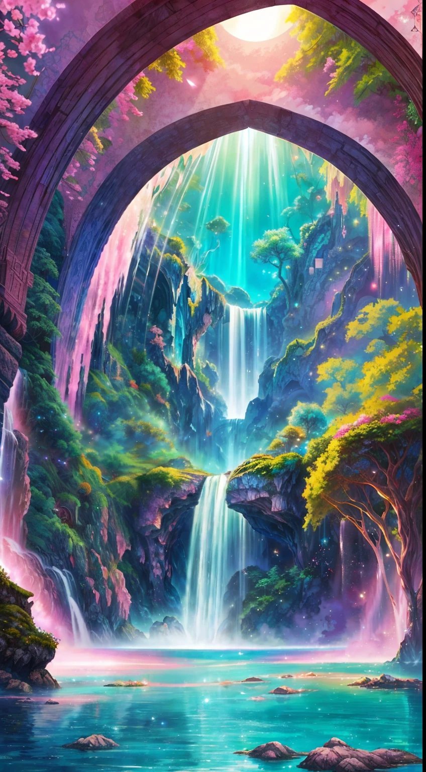 Envision a mesmerizing scene of a magnificent realm of romantic dreams. The environment is filled with intricate floating islands, fluffy clouds, waterfalls cascading from the floating islands, and a vibrant, surreal atmosphere. The atmosphere is filled with a sense of wonder and tranquility. Include many shades of pink in the image along with other vibrant jewel-toned hues. This scene will be depicted in an anime-style illustration, with soft lines, pastel colors, and a whimsical touch. All buildings are extremely detailed and elegant. The artwork will capture the ethereal beauty and tranquility of the dreamlike realm, creating a sense of harmony and escape from the ordinary world. Include teal water, colorful watercolor skies, glowing elements, and many small fantasy details including iridescence, expertly created majestic landscapes, and shimmer and glimmer. Above all else, this should look like a fantasy artwork.