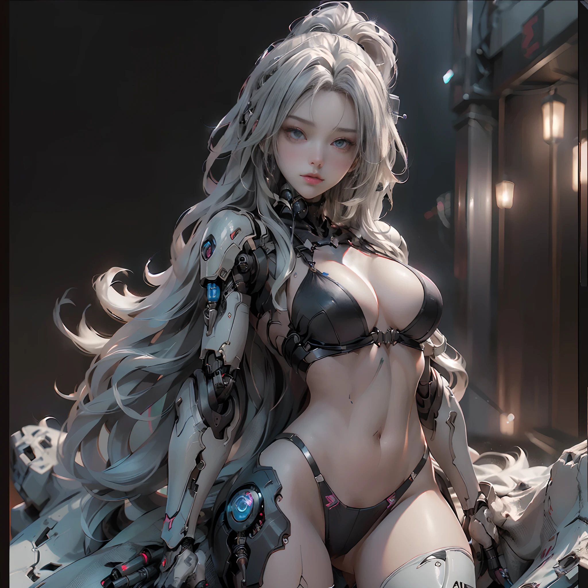 full body, bared human legs, human body, night time, firework festival, firework at sky, (firework at sky as background:1.2), (silver color bikini:1.3), (Best Quality), ((Masterpiece), (Detail: 1.4), 3D, A Beautiful Cyberpunk Woman, HDR (High Dynamic Range), Ray Tracing, NVIDIA RTX, Super-Resolution, Unreal 5, Subsurface Scattering, PBR Textures, Post-Processing, Anisotropic Filtering, Depth of Field, Maximum Sharpness and Clarity, Multi-layer Textures, Albedo and Highlight Maps, Surface Shading, Exact simulation of light-material interactions, perfect proportions, Octane Render, bicolor light, large aperture, low ISO, white balance, rule of thirds, 8K RAW, close-up of a woman with very long hair and a very large body, perfect anime robot woman, anime robot with organic mix, best anime 4K konachan wallpaper, detailed digital anime art, beautiful girl cyborg, portrait of cyborg queen, cyborg - silver girl, biomechanics oppai, Digital cyberpunk anime art