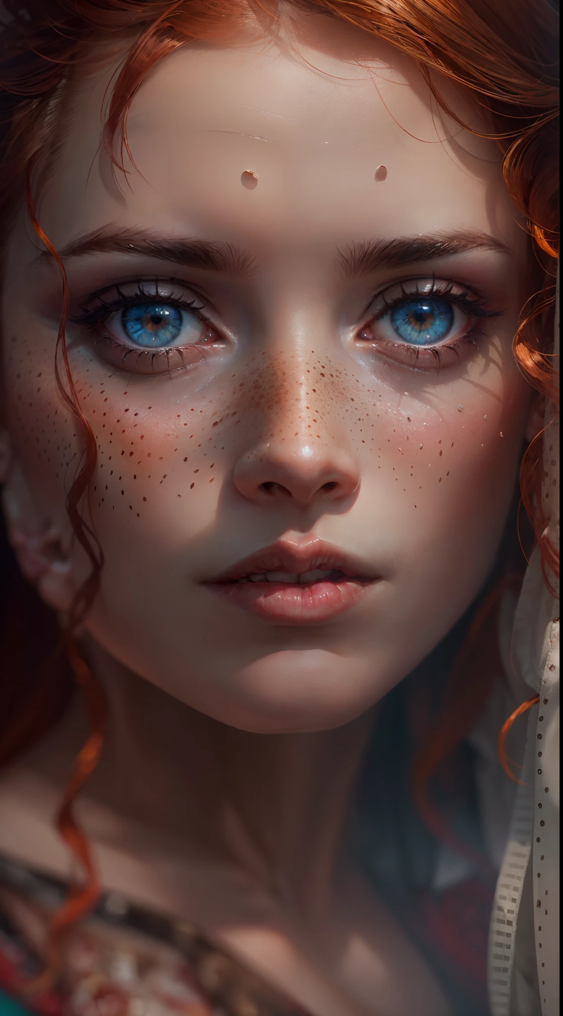 (8k, RAW photo, highest quality), beautiful girl, close up, dress, (detailed eyes:0.8), defiance512, (looking at the camera:1.4), (highest quality), (best shadow), intricate details, interior, ginger hair:1.3, dark studio, muted colors, freckle