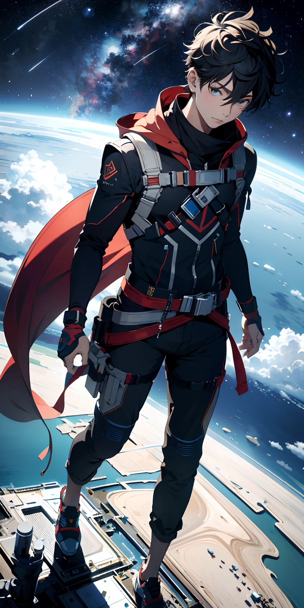 ridiculous resolution, high resolution, (masterpiece:1.4), super detailed, 1boy, seen from above, space, floating, --v 6