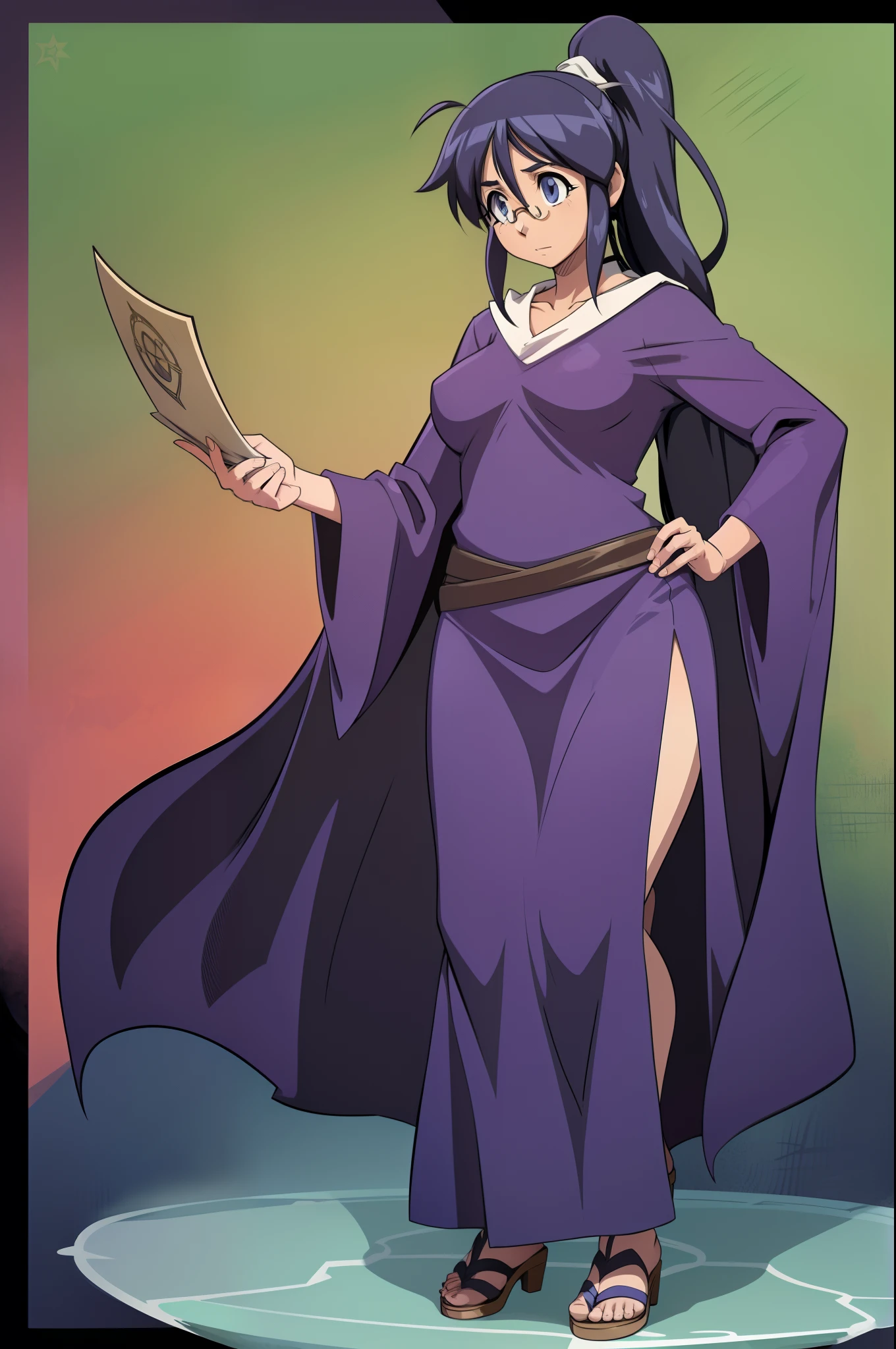hinata aki,ponytail,glasses, full body, long dress, long skir,*, fantasy, wizargirl,spellcasthing, stylised robe