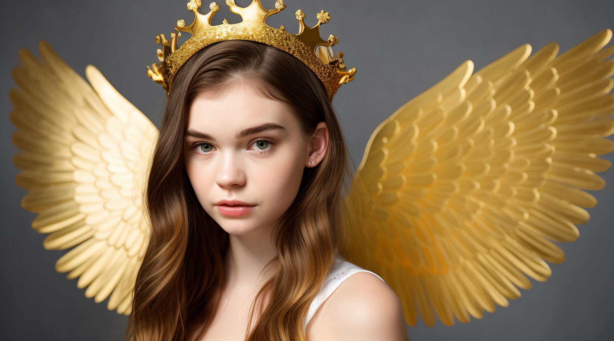 Blonde girl with golden hair and a golden crown on her head, Grimes - Book 1 Album cover, gold wings on head, gilded gold halo behind head, cabelos dourados, cabelos dourados, Grimes, coroa de ouro e filamentos, golden halo behind her head, Elle Fanning como um androide, cabelo espaguete, parece uma mistura de Grimes, assemelhando-se a uma mistura de Grimes