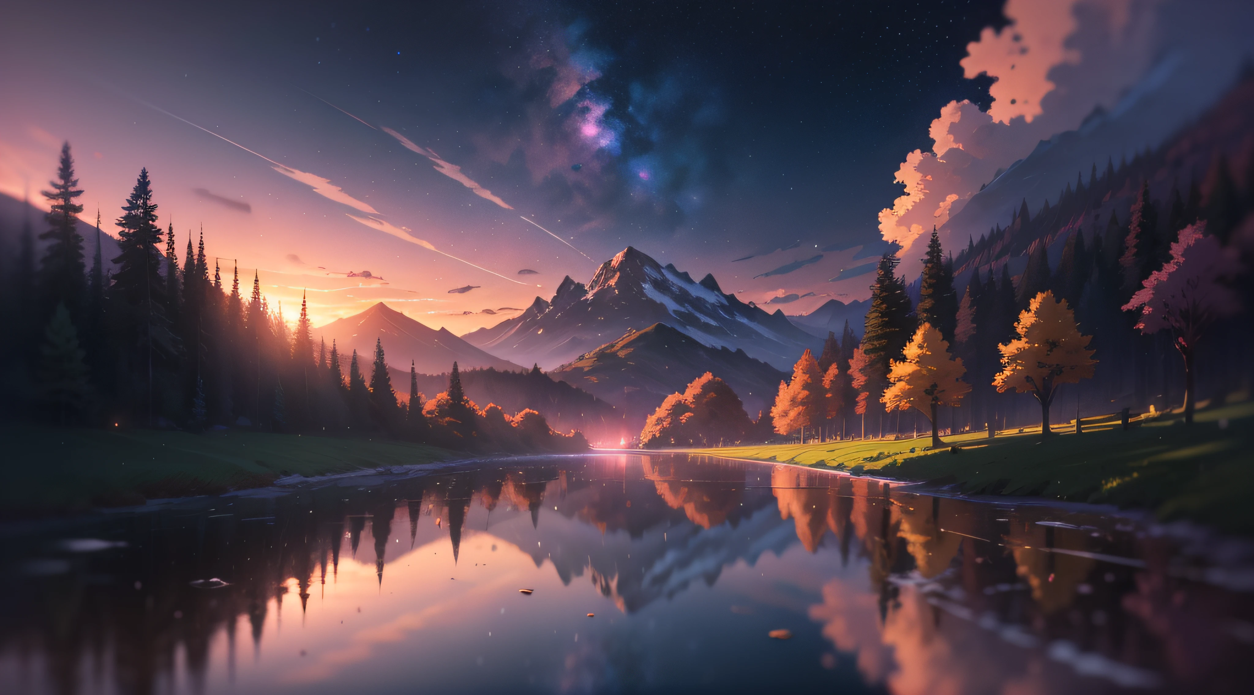 The picture is bright and well lit. no humans. (((Makoto Shinkai style)),pixiv,anime drawing,high quality,pink purple sky,beautiful scene),(universe,train passing,magical realism,((makoto shinkai style)) ::0.8), [Artistic Atmosphere, Atmosphere:0.8, Starry Sky, Hills, Snow Mountain, Sparkling Water, Grass, Trees, Smoke, Stars, Low Angle of View, Specular Scattering,