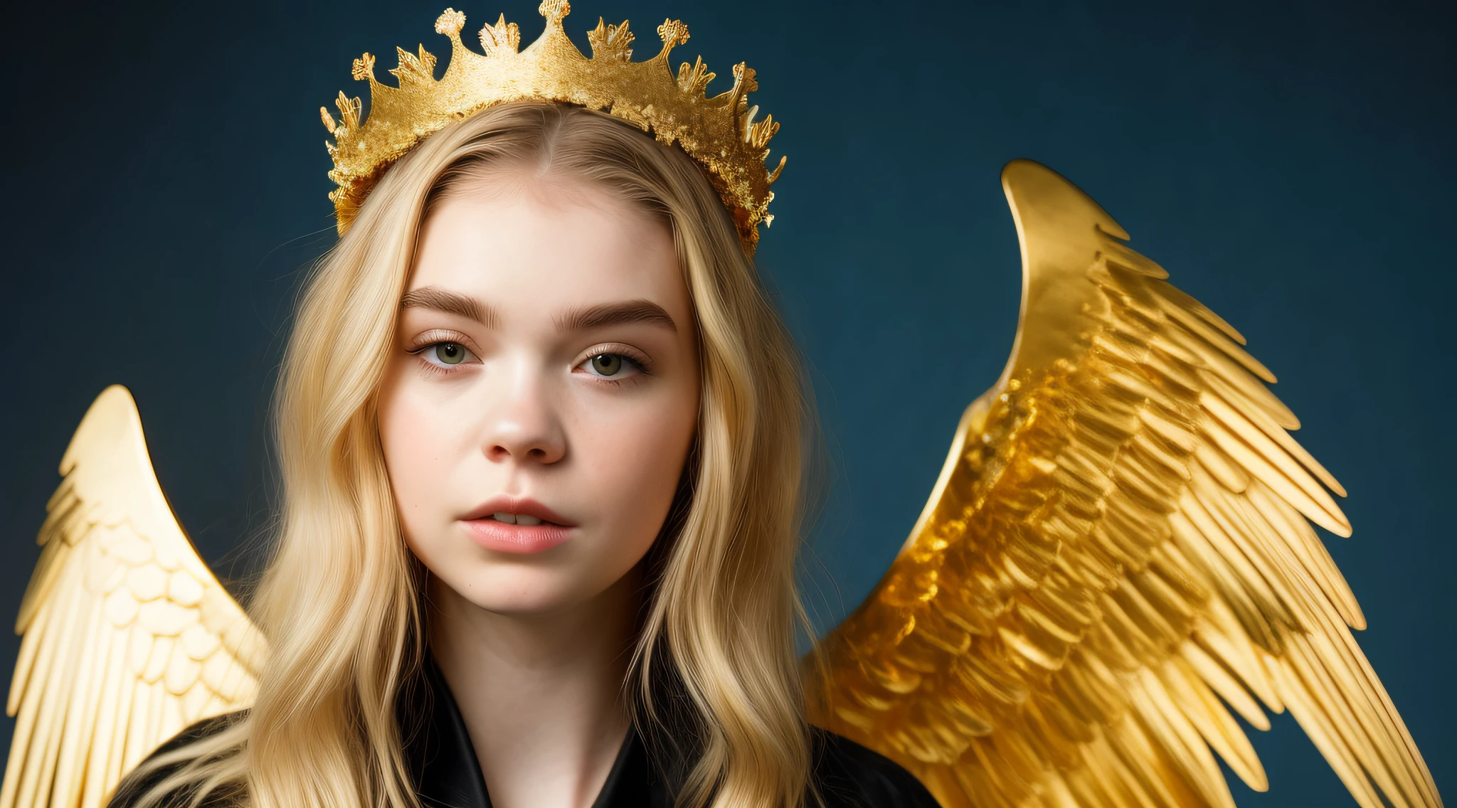 Blonde girl with golden hair and a golden crown on her head, Grimes - Book 1 Album cover, gold wings on head, gilded gold halo behind head, cabelos dourados, cabelos dourados, Grimes, coroa de ouro e filamentos, golden halo behind her head, Elle Fanning como um androide, cabelo espaguete, parece uma mistura de Grimes, assemelhando-se a uma mistura de Grimes