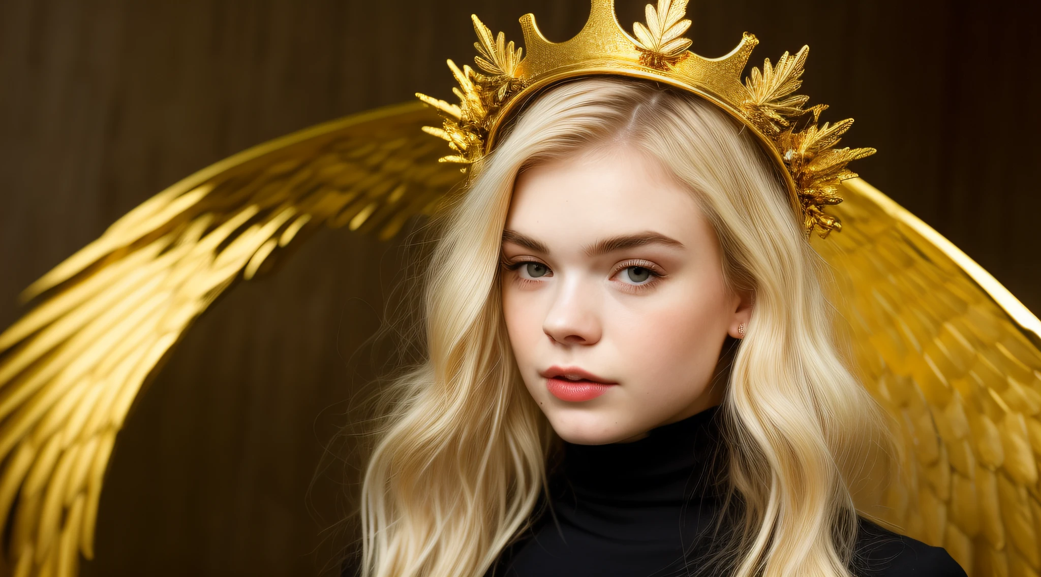 Blonde girl with golden hair and a golden crown on her head, Grimes - Book 1 Album cover, gold wings on head, gilded gold halo behind head, cabelos dourados, cabelos dourados, Grimes, coroa de ouro e filamentos, golden halo behind her head, Elle Fanning como um androide, cabelo espaguete, parece uma mistura de Grimes, assemelhando-se a uma mistura de Grimes