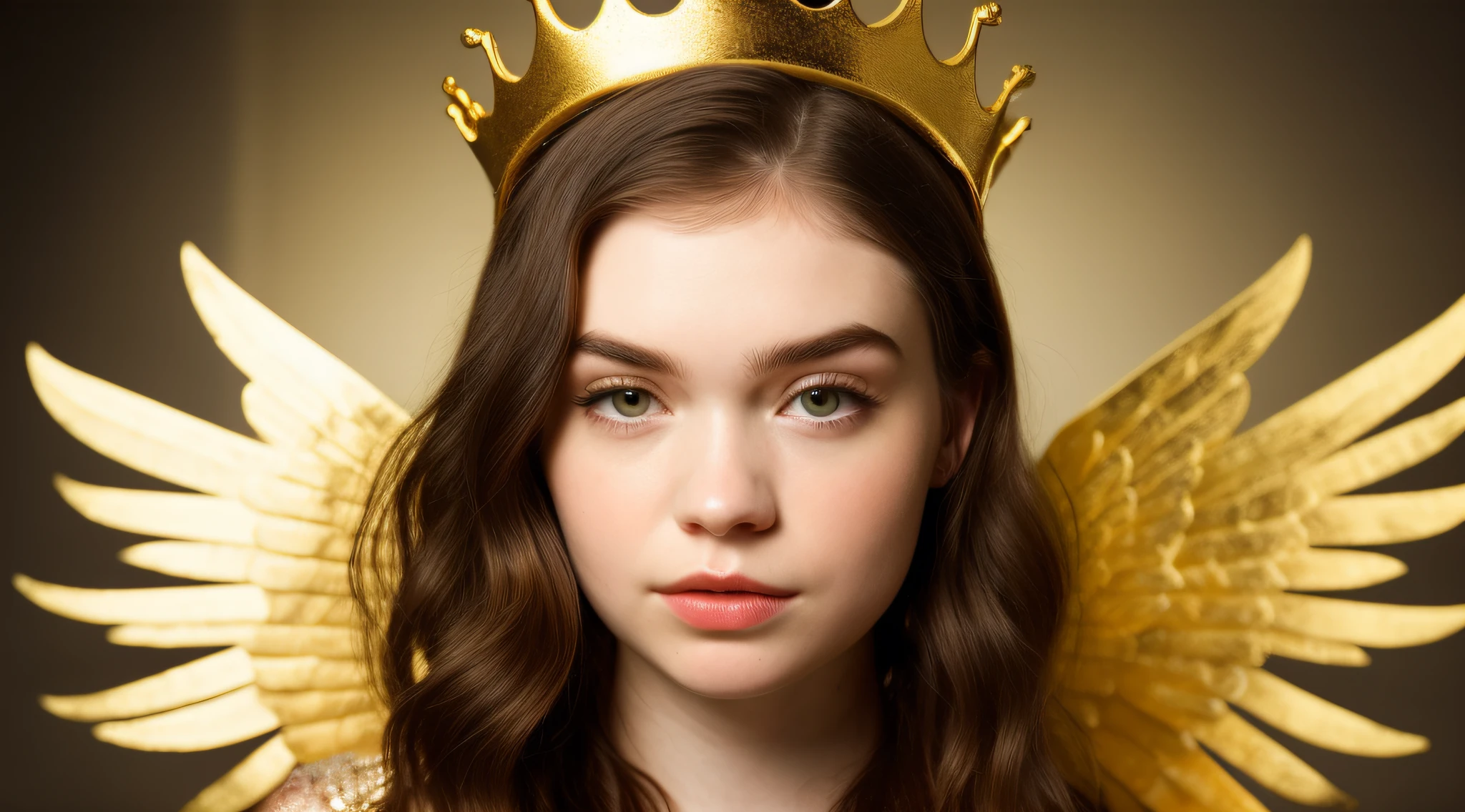 Blonde girl with golden hair and a golden crown on her head, Grimes - Book 1 Album cover, gold wings on head, gilded gold halo behind head, cabelos dourados, cabelos dourados, Grimes, coroa de ouro e filamentos, golden halo behind her head, Elle Fanning como um androide, cabelo espaguete, parece uma mistura de Grimes, assemelhando-se a uma mistura de Grimes