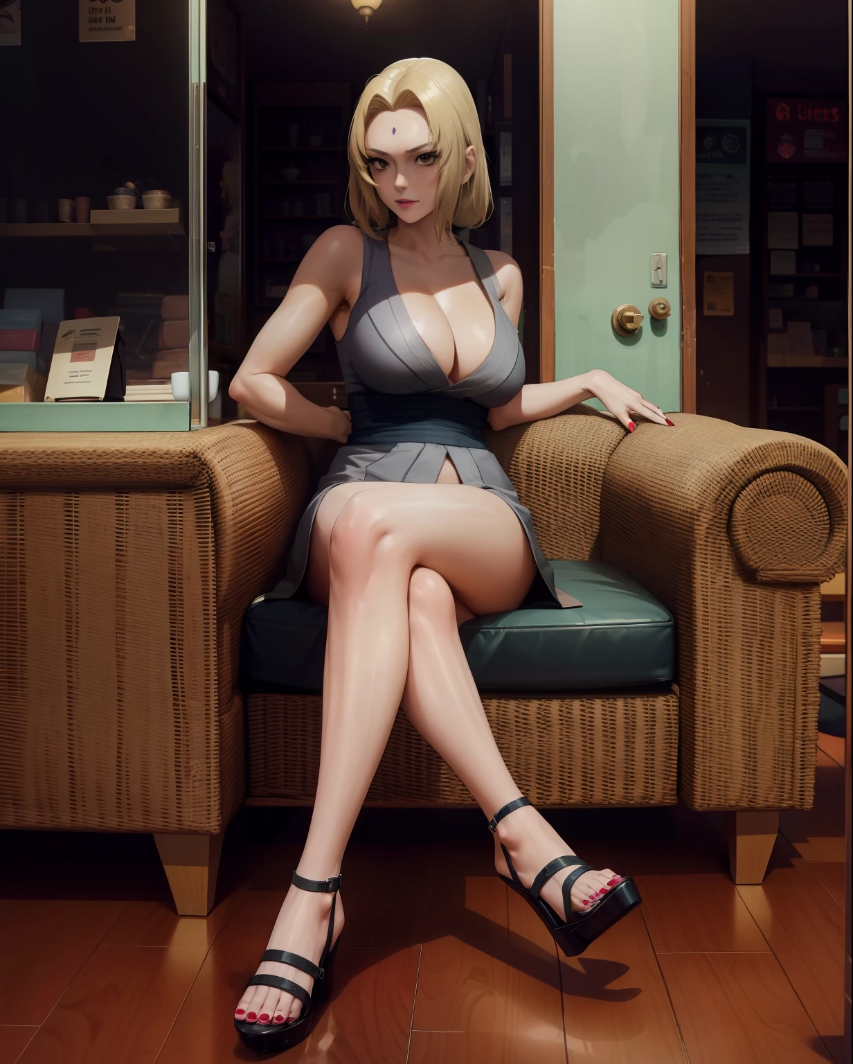araffe sitting on a chair with her legs crossed, 30 years old woman, 3 0 years old woman, she is about 2 , she is about 2 0 years old, she is about 20 years old, she is about 30 years old, she is about 3 0 years old, 18 years old, attractive girl, yellow hair, five finger on hand, five toes on the foot, red nail polish on the fingers, red nails on the toes, looking forward, wearing high heels on the feet