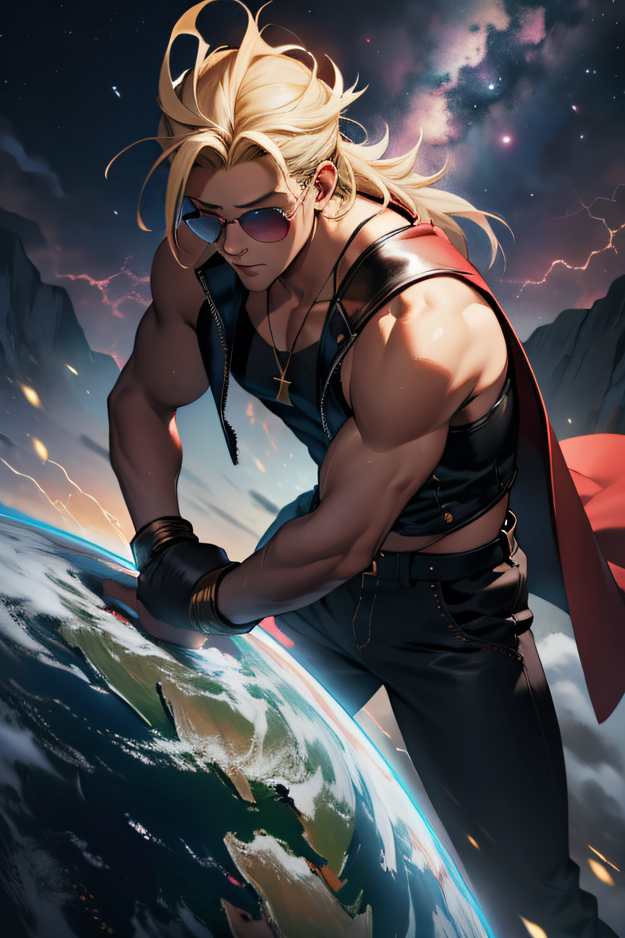 1 solo Zeus com as roupas de Terry Bogard pretas, with sunglasses, raios ao redor de si, thunder, thunder , cabelo blond, roupas pretas, vestes pretas, Nebula and smoke, black cloth, both hands together holding a lightning bolt, um thunder, tempo fechado, tempo nublado, tempo escuro, cidade, raios ao redor , com o planeta terra no fundo, and lightning in the hand