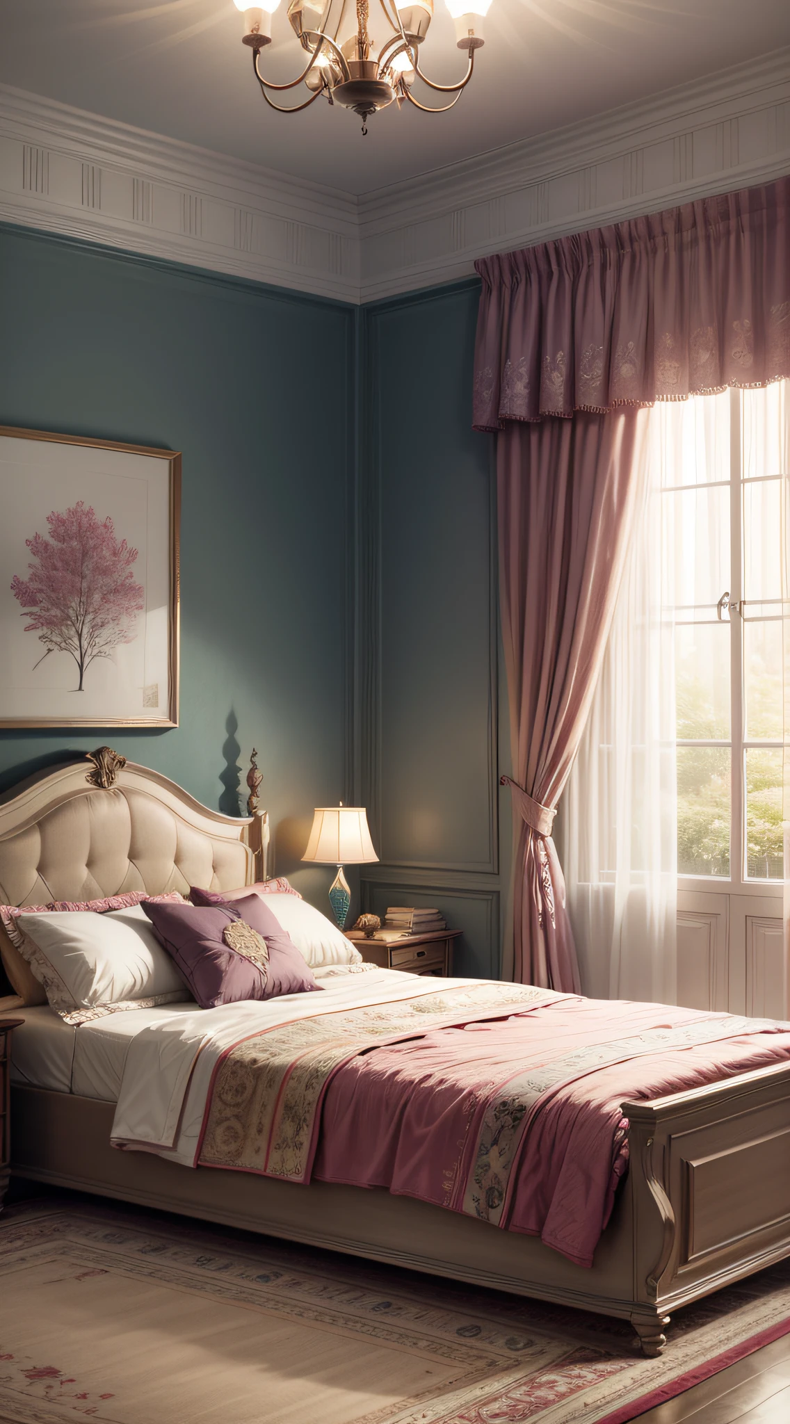 Amidst a serene bedroom, a young girl sleeps soundly in her bed. Clad in comfortable pajamas, she holds her cherished pillow close, cocooned in the gentle embrace of her comforter. The soft glow of an amber bedside lamp bathes the scene in warm light, creating an atmosphere of coziness and relaxation. The room exudes a sense of familiarity, with scattered books and a plush rug adorning the floor. The walls are adorned with art that reflects the girl's dreams and aspirations, adding a personal touch to the environment. The room's ambiance is reminiscent of a tranquil evening, where worries are left behind and dreams take center stage. The mood is one of contentment and safety, evoking a sense of nostalgia and comfort. This scene is rendered as an inviting digital illustration, capturing every detail with vibrant colors and intricate linework. Created with Procreate on an iPad Pro, using a stylus for precise strokes and shading,