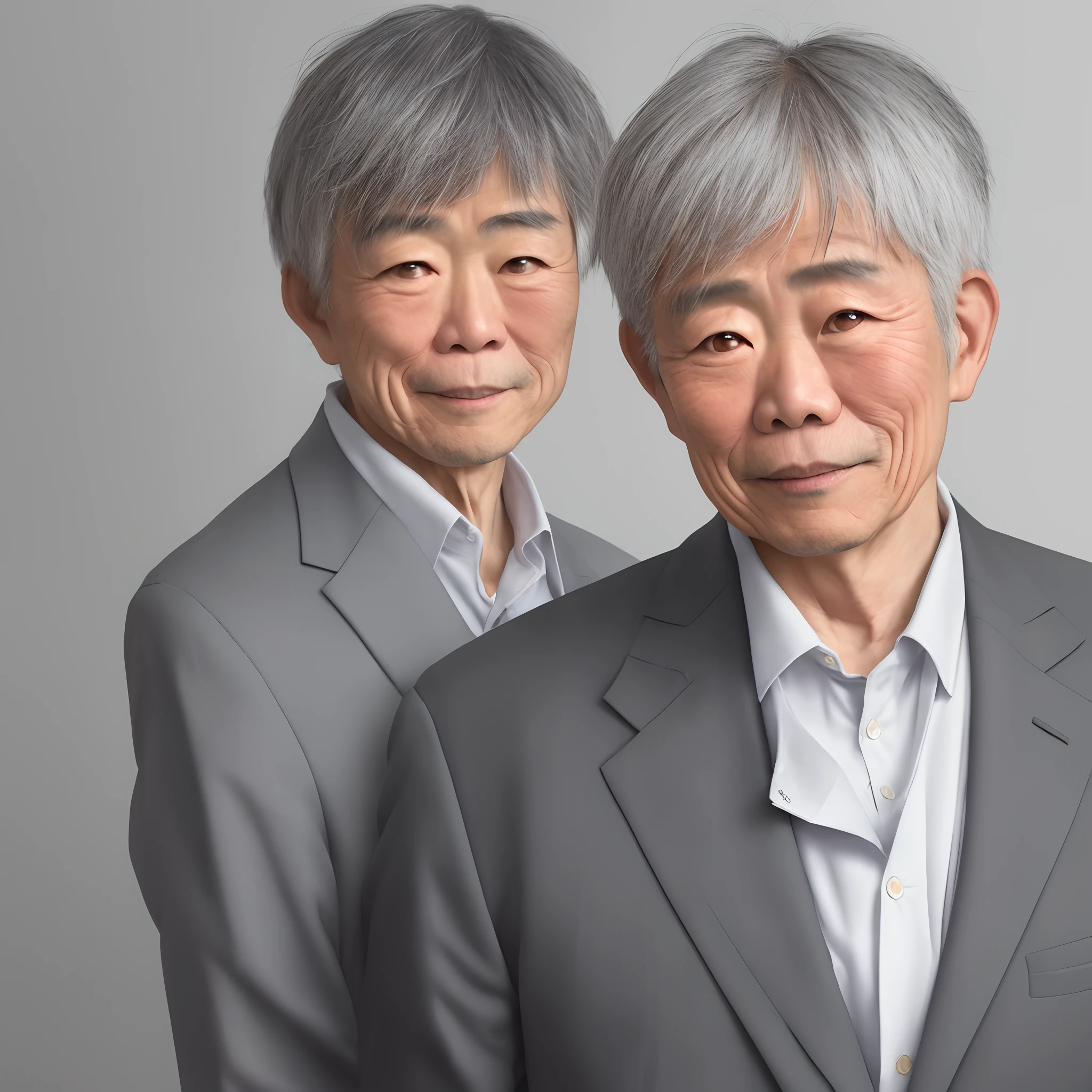 Please create an image of a 60-year-old Japanese man with the following conditions
Short grey hair
Good-looking
intelligent
Thinly built
Photographic image
Standing in a suit
White background