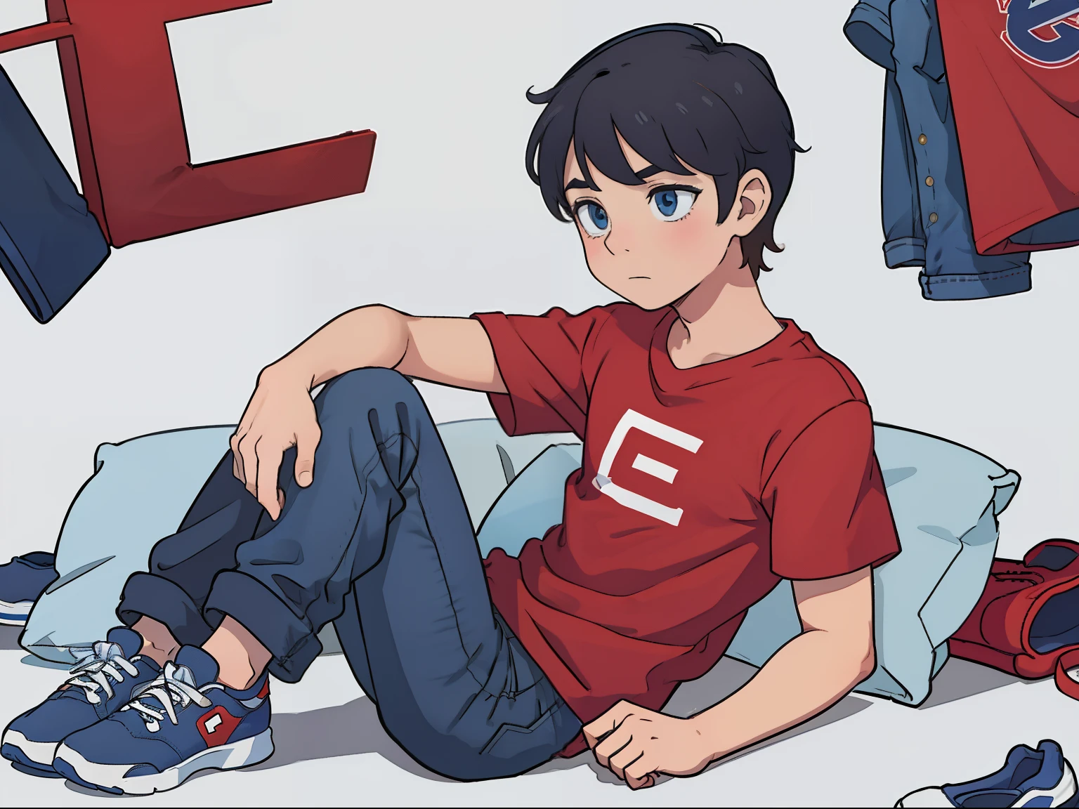 A boy with the red shirt with the letter E on the shirt causes jeans is blue shoe