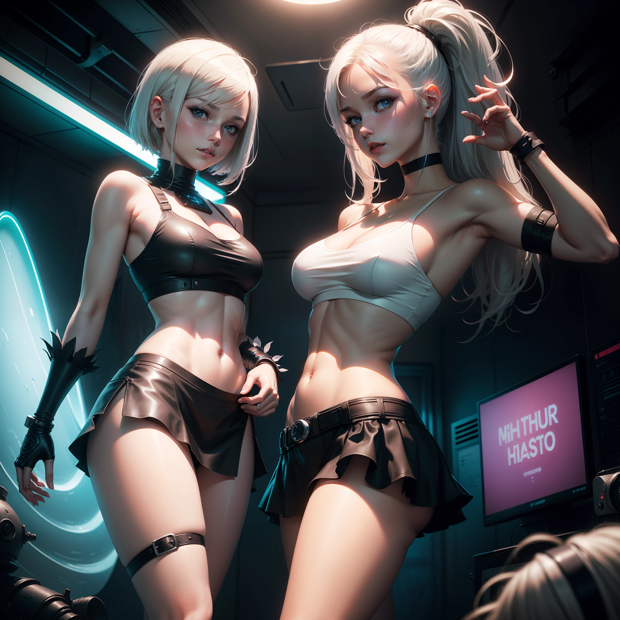 (Blonde Girl: 1.2, Leather Short Skirt: 1.2, White Bra Top), (Tifa: 1.3, White-Haired Girl: 1.2, 2B: 1.2, NiER: Automata Inspiration), (Perfect White-Haired Girl: 1.1, Silverhaired Girl: 1.1, Cyborg: 1.1), Dynamic Pose, Blue World, High Quality, Dynamic Photography, Neon Light Wave.