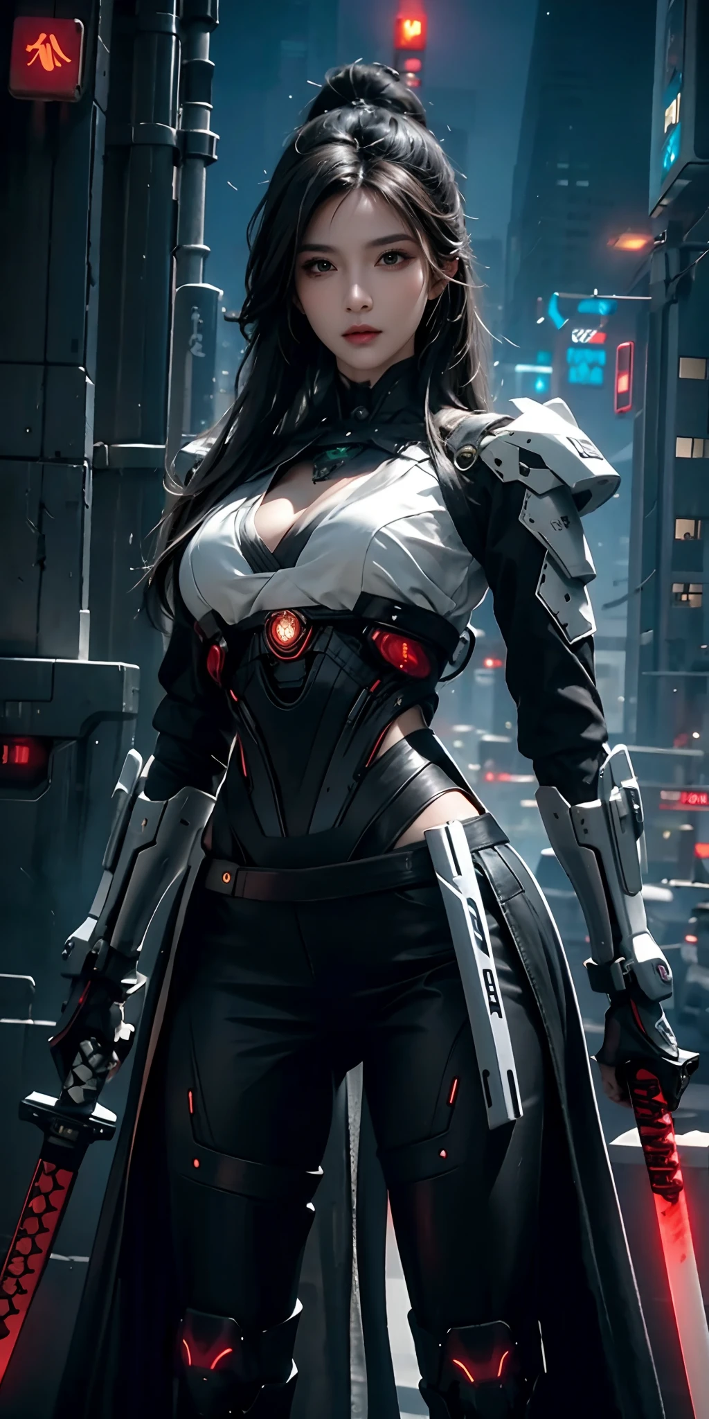 photorealistic, high resolution, soft light,1women, solo, hips up, (detailed face), long hair, cybersamurai, cyborg, cyberpunk, cyber armor, holding weapon,glowing,katana, city at night