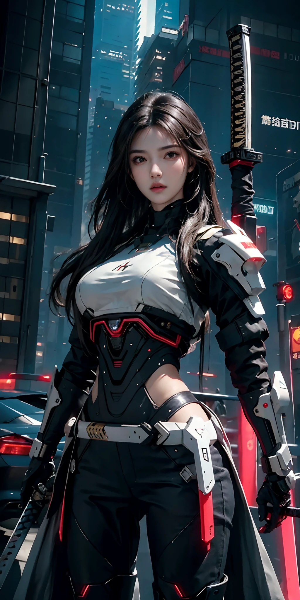 photorealistic, high resolution, soft light,1women, solo, hips up, (detailed face), long hair, cybersamurai, cyborg, cyberpunk,  cyber armor, holding weapon,glowing,katana, city at night