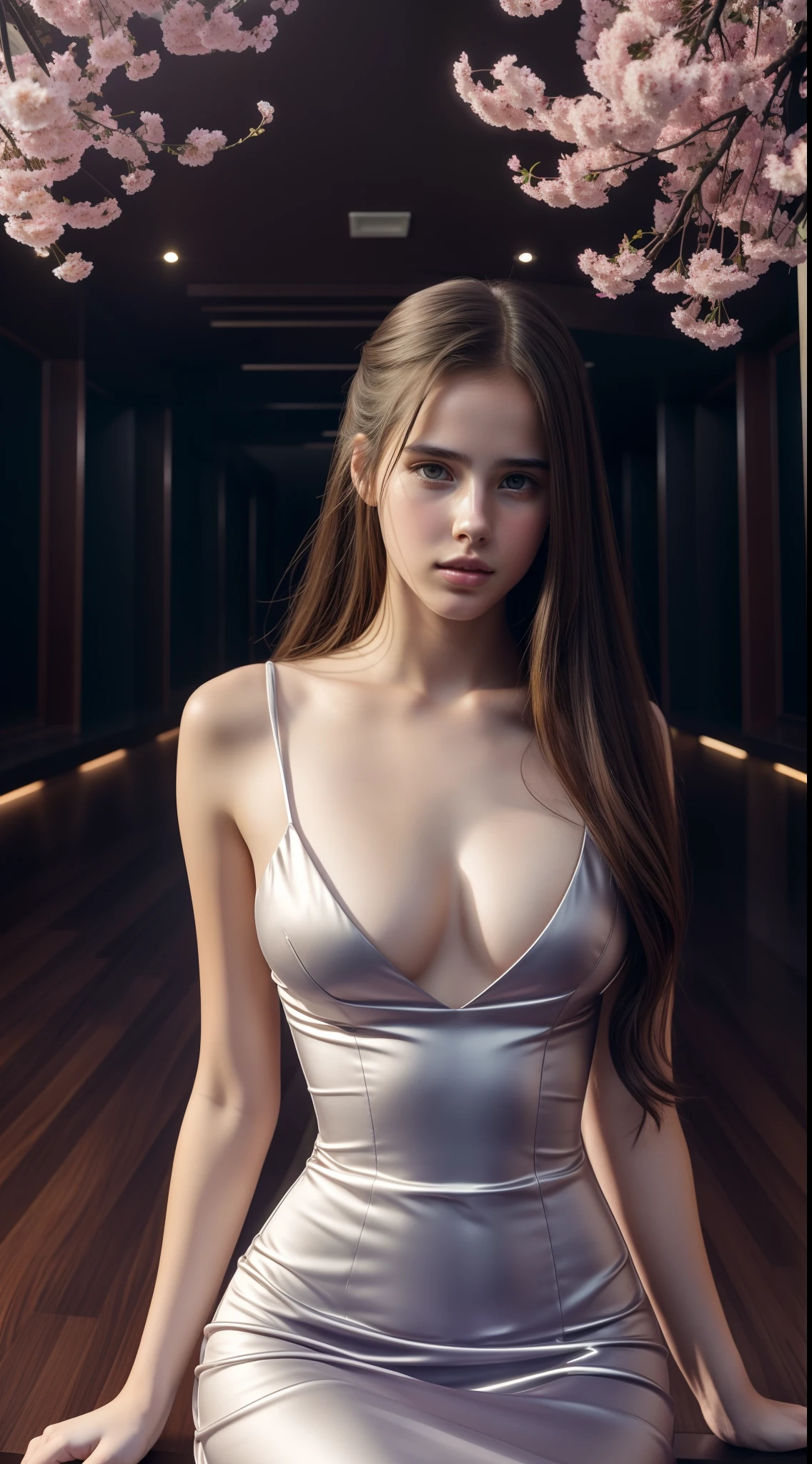 Beautiful young Margaret Qualley, glasses, elegant dress, large neckline, dark tights, high balance, hyperrealistic, , model body, big breasts, beautiful breasts, big hips, long hair, ponytail, blonde hair, long legs , 8k, FUTURISTIC CITY, cherry blossom, sunrise, led lighting, blood on the wall, pool of blood, full of human remains, detailed reflection, anime style, sad