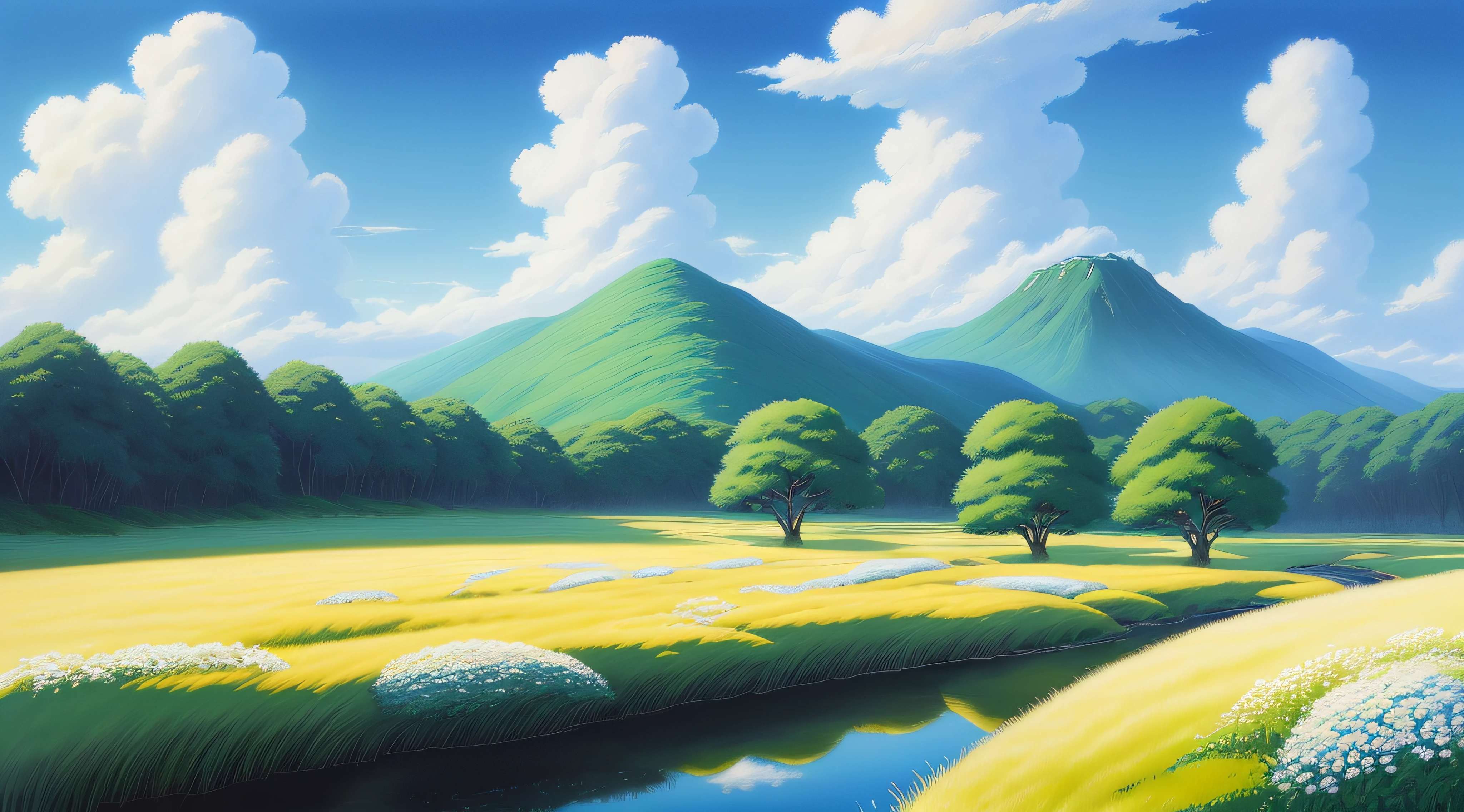 Realistic, authentic, beautiful and amazing landscape oil painting Studio Ghibli Hayao Miyazaki&#39;s petal grassland with blue sky and white clouds --v6