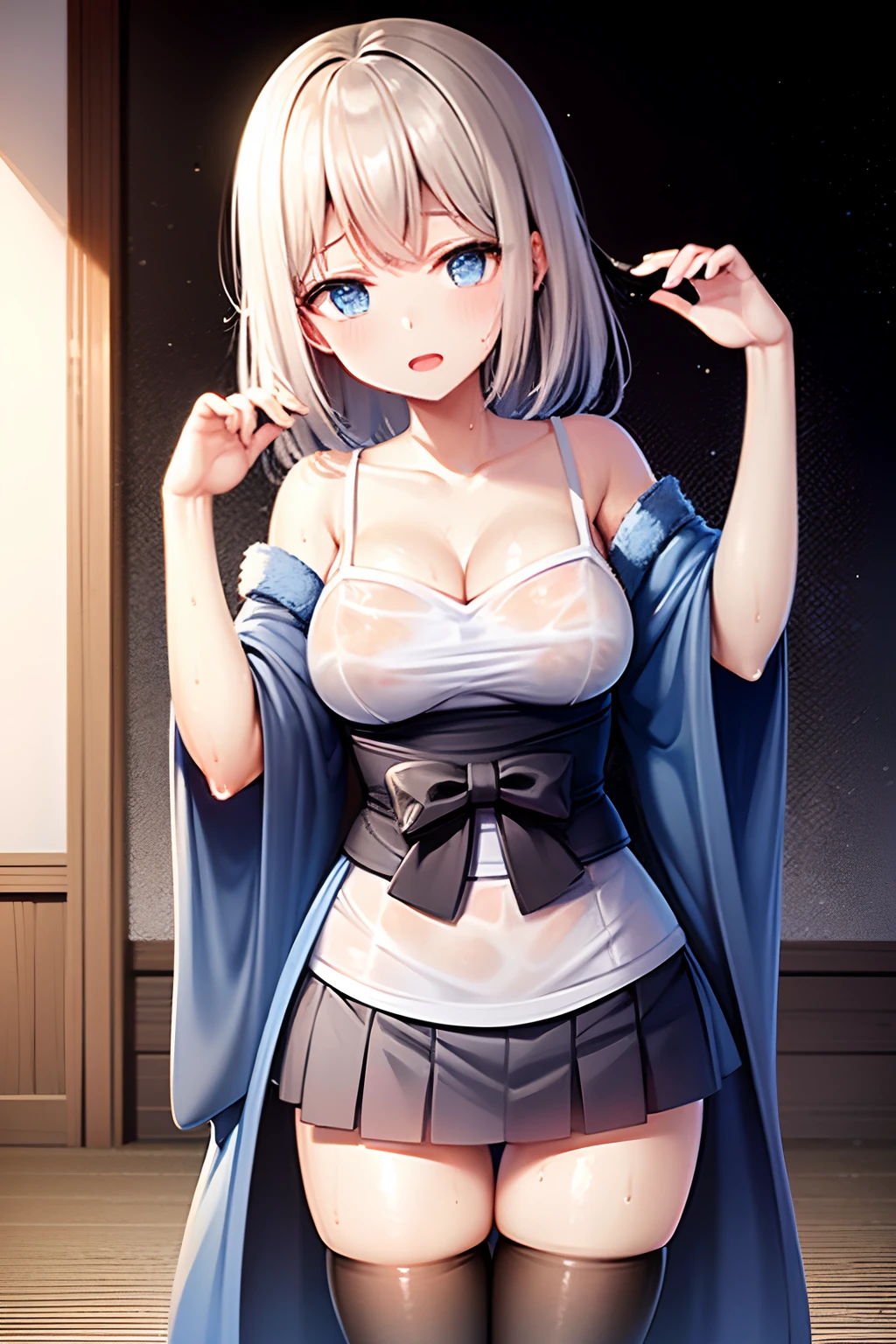 Girl in purple wet kimono and light gray tight pleated slim skirt, satin, fur, (((black)) stockings), decollete, natural breasts, slim body, zettai ryouiki, white hair, blue eyes, ((wet:1.4)), highest quality