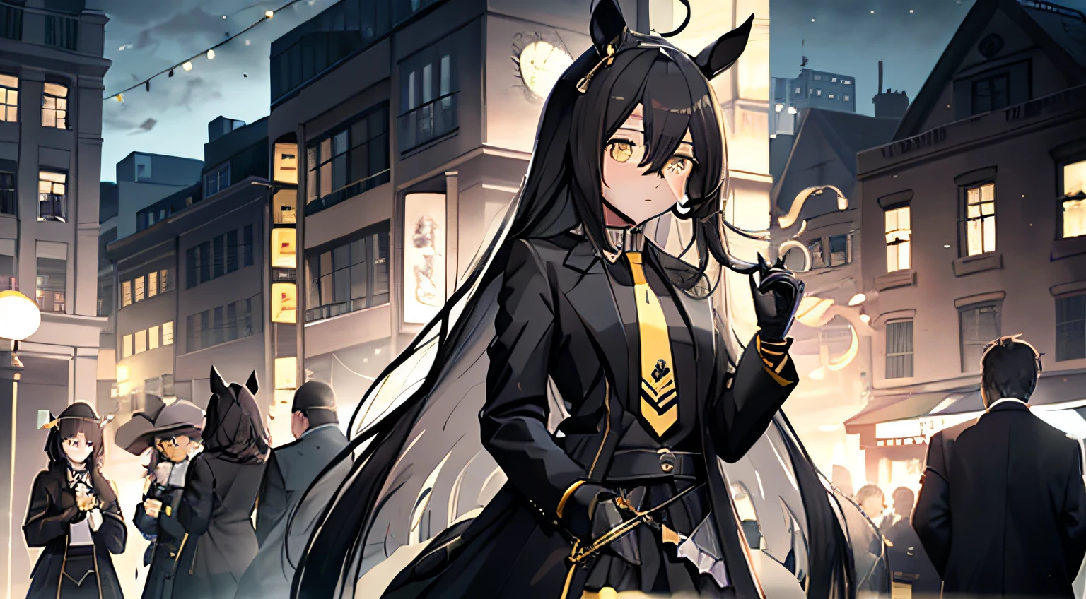 manhattan-cafe,manhattan-cafe(Racing Wear),Horse Girl,Horse ears,hair_Bland_Eyes,Solo,pantyhose,long_hair, Black_hair, Black Gloves,yellow_Eyes,Ahoge,neck tie,Black_Jacket,Skirt,Black_Footwear,look at the right, at left, night