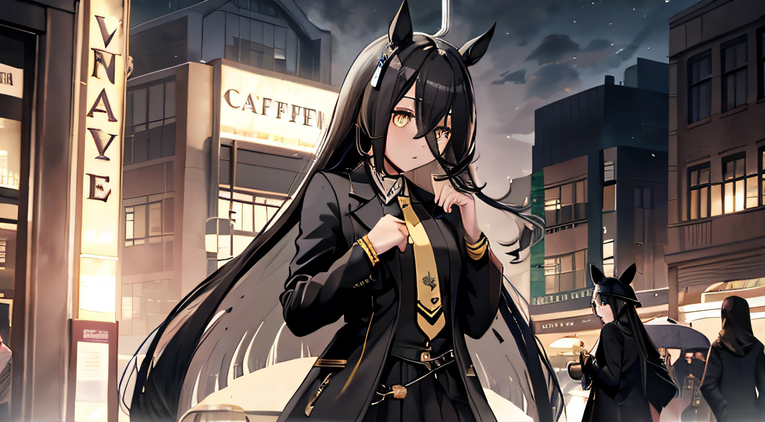 manhattan-cafe,manhattan-cafe(Racing Wear),Horse Girl,Horse ears,hair_Bland_Eyes,Solo,pantyhose,long_hair, Black_hair, Black Gloves,yellow_Eyes,Ahoge,neck tie,Black_Jacket,Skirt,Black_Footwear,look at the right, at left, night