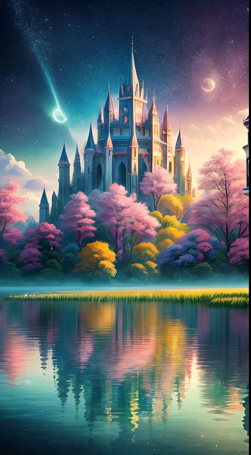 Envision a mesmerizing scene of a magnificent realm of romantic dreams. The environment is filled with intricate floating islands, fluffy clouds, waterfalls cascading from the floating islands, and a vibrant, surreal atmosphere. The atmosphere is filled with a sense of wonder and tranquility. Include many shades of pink in the image along with other vibrant jewel-toned hues. This scene will be depicted in an anime-style illustration, with soft lines, pastel colors, and a whimsical touch. All buildings are extremely detailed and elegant. The artwork will capture the ethereal beauty and tranquility of the dreamlike realm, creating a sense of harmony and escape from the ordinary world. Include teal water, colorful watercolor skies, glowing elements, and many small fantasy details including iridescence, expertly created majestic landscapes, and shimmer and glimmer. Above all else, this should look like a fantasy artwork.