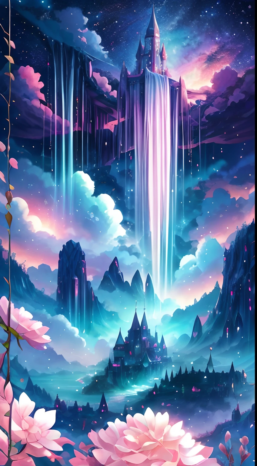 Envision a mesmerizing scene of a magnificent realm of romantic dreams. The environment is filled with intricate floating islands, fluffy clouds, waterfalls cascading from the floating islands, and a vibrant, surreal atmosphere. The atmosphere is filled with a sense of wonder and tranquility. Include many shades of pink in the image along with other vibrant jewel-toned hues. This scene will be depicted in an anime-style illustration, with soft lines, pastel colors, and a whimsical touch. All buildings are extremely detailed and elegant. The artwork will capture the ethereal beauty and tranquility of the dreamlike realm, creating a sense of harmony and escape from the ordinary world. Include teal water, colorful watercolor skies, glowing elements, and many small fantasy details including iridescence, expertly created majestic landscapes, and shimmer and glimmer. Above all else, this should look like a fantasy artwork.