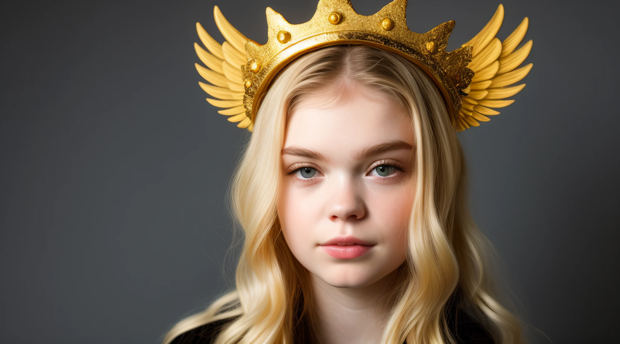 Blonde KIDS girl with golden hair and a golden crown on her head, Grimes - Book 1 Album cover, gold wings on head, gilded gold halo behind head, cabelos dourados, cabelos dourados, Grimes, coroa de ouro e filamentos, golden halo behind her head, Elle Fanning como um androide, cabelo espaguete, parece uma mistura de Grimes, assemelhando-se a uma mistura de Grimes