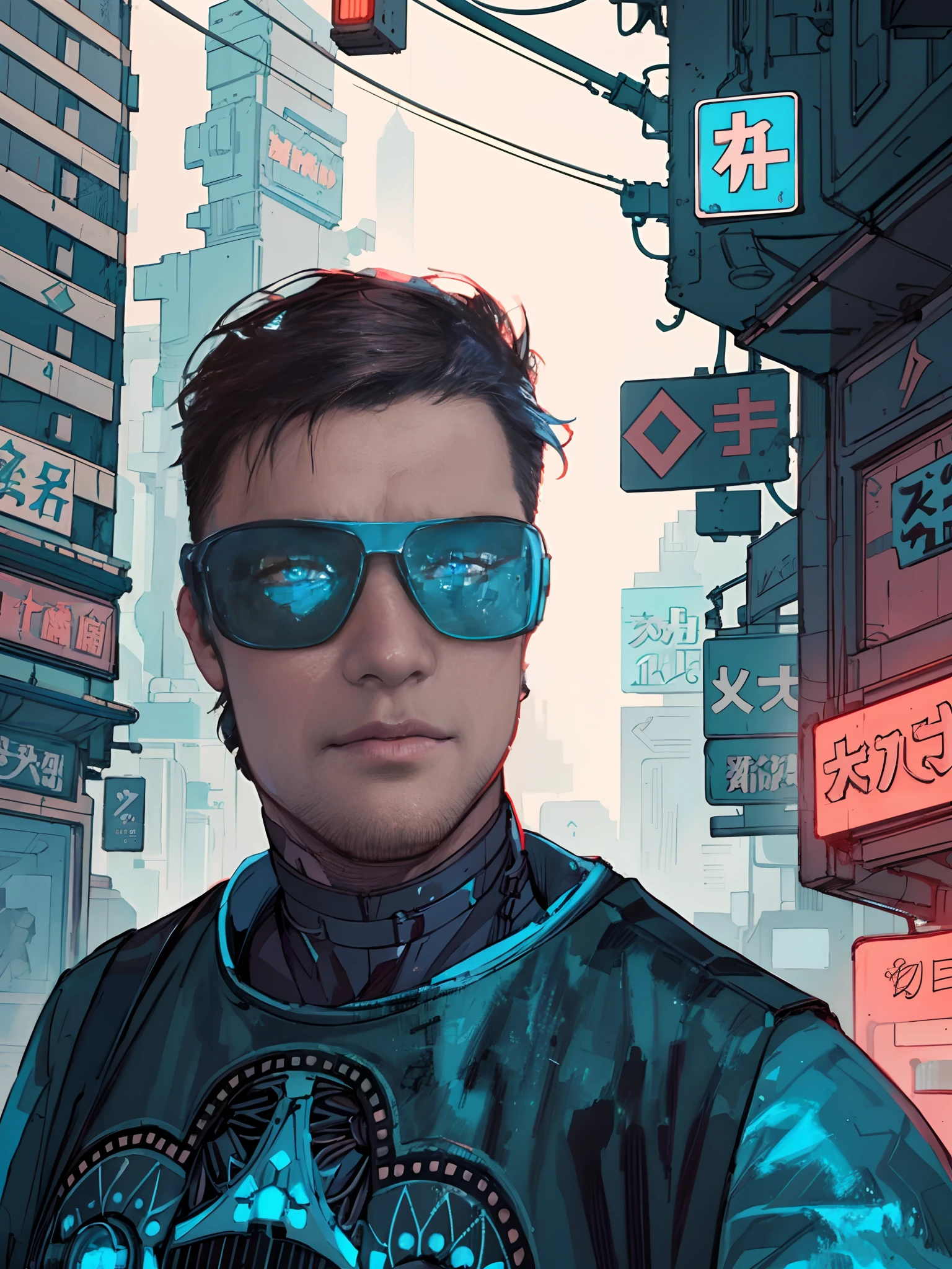 by josan gonzalez,masterpiece, (1man), (half body), tall young man, ((male focus)), tall mature guy, long black hair, neon blue horns, pale skin, scarlet eyes, moles, , sparks, particles,cyberpunk, cyborg, looking_at_viewer,, fortified suit,long black coat, black plugsuit, solo, standing, symmetrical eyes, eyeshadows, detailed face and eyes, dynamic lighting, cinematic lighting, volume lighting, ultra high resolution, cyberpunk, night cyberpunk city with neon lighting, futobot, modelshoot style, (extremely detailed CG unity 8k wallpaper), professional majestic oil painting by Ed Blinkey, Atey Ghailan, Studio Ghibli, by Jeremy Mann, Greg Manchess, Antonio Moro, trending on ArtStation, trending on CGSociety, Intricate, High Detail, Sharp focus, dramatic, photorealistic painting art by midjourney and greg rutkowski, brown hair