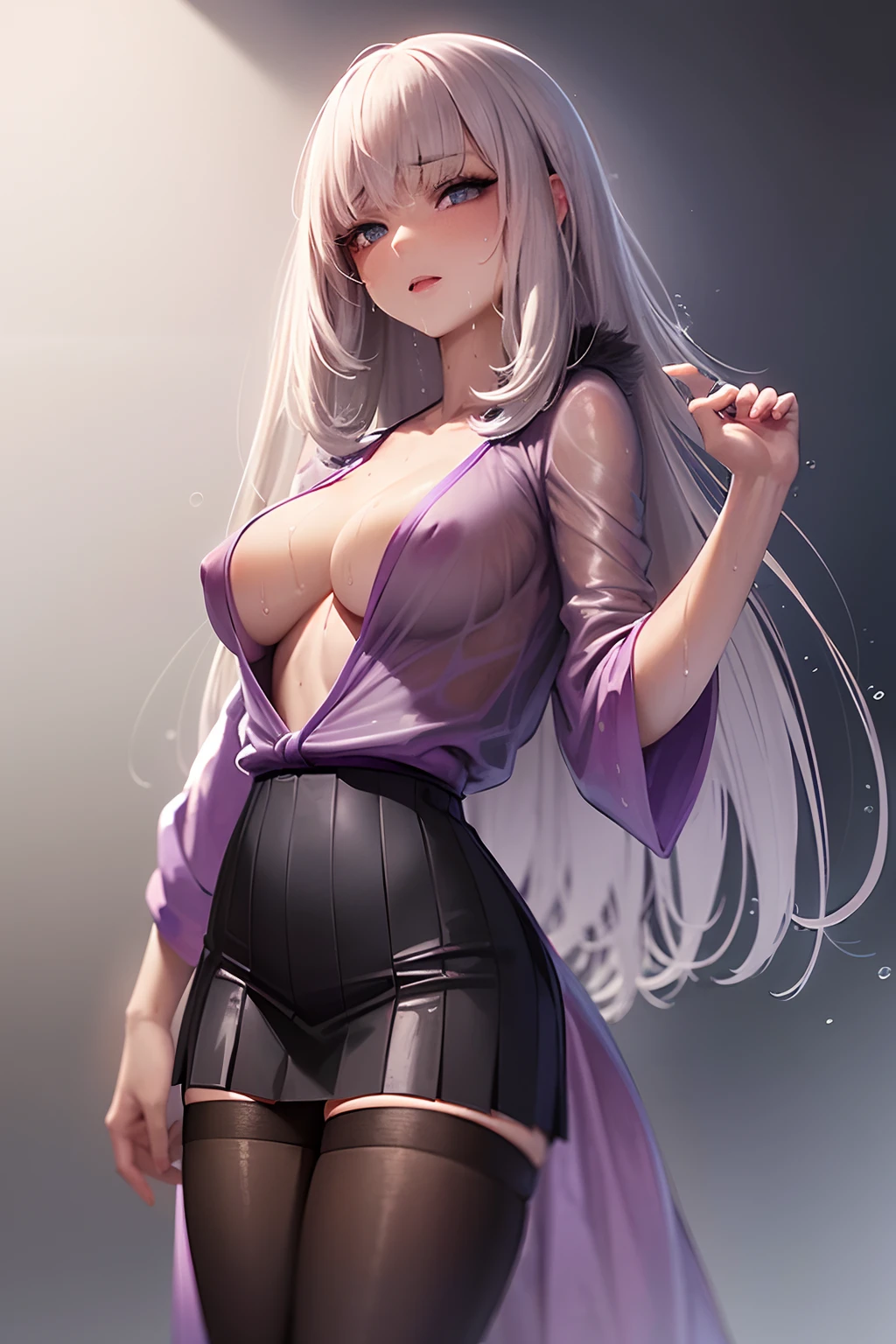 Girl in purple wet kimono and light gray tight pleated slim skirt, satin, fur, (((black)) stockings), decollete, natural breasts, slim body, zettai ryouiki, white hair, blue eyes, ((wet:1.4)), erect nipples under cloth, portrait, most realistic, highest quality, best pixels, 8k ultra