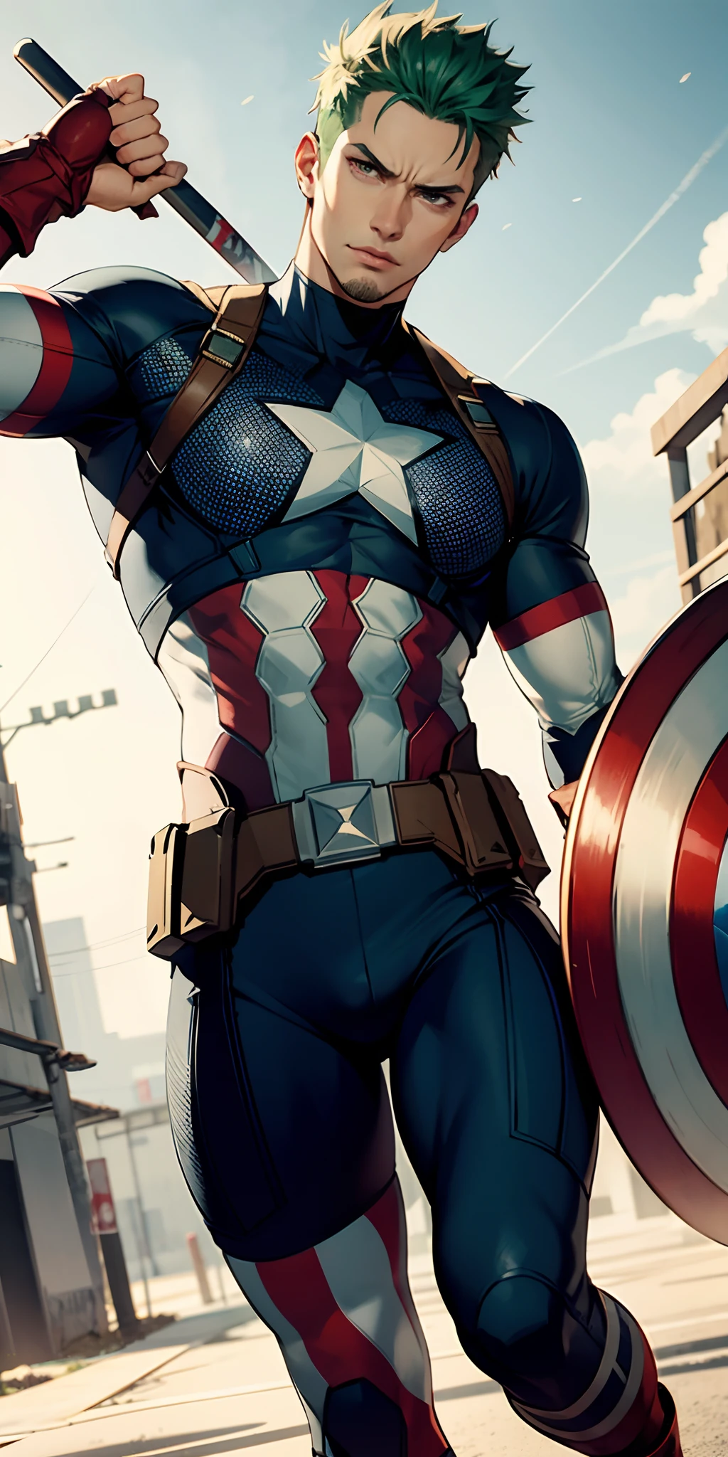 Fusion of Captain America and Zoro, corpo masculino e forte, com biotipo ectomorfo forte e definido