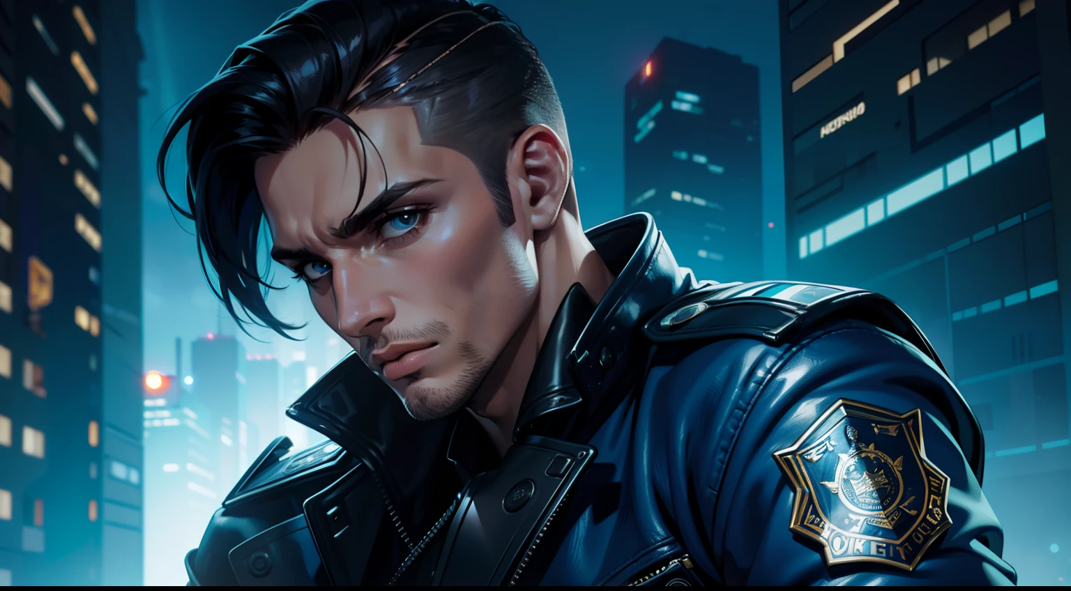 Retrato de anjo como um belo modelo masculino, Georgia Fowler, rosto bonito, com cabelos castanhos escuros curtos, In the Cyberpunk City at Night. He's wearing a blue leather jacket, black pant, lighting dramatic, (police badge:1.2)