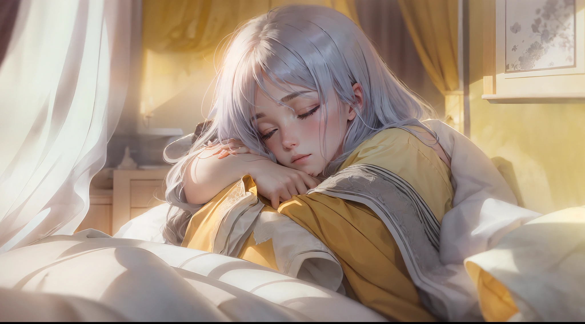 (8k, RAW photo, highest quality), A girl peacefully asleep in her cozy bed, adorned in soft pajamas. Clutching her pillow, she snuggles it close, while her comforter drapes across her legs. The warm orange glow of the bedside lamp envelops the room, casting a comforting ambiance. Her tranquil expression reflects the serenity of her dreams. The play of light and shadow creates a soothing atmosphere that fosters rest and calm. The room is softly lit by the warm hue of the bedside lamp, casting gentle shadows that dance across the walls. A faint breeze rustles the curtains, imbuing the space with a sense of quiet movement. The air carries a hint of lavender from a nearby scented candle, enhancing the serene environment. The mood is one of peaceful repose and quiet contemplation. The room emanates a sense of security and solace, inviting the viewer to share in the girl's tranquil moment of slumber. Artwork, digital painting, Adobe Photoshop with soft brush strokes and careful shading,