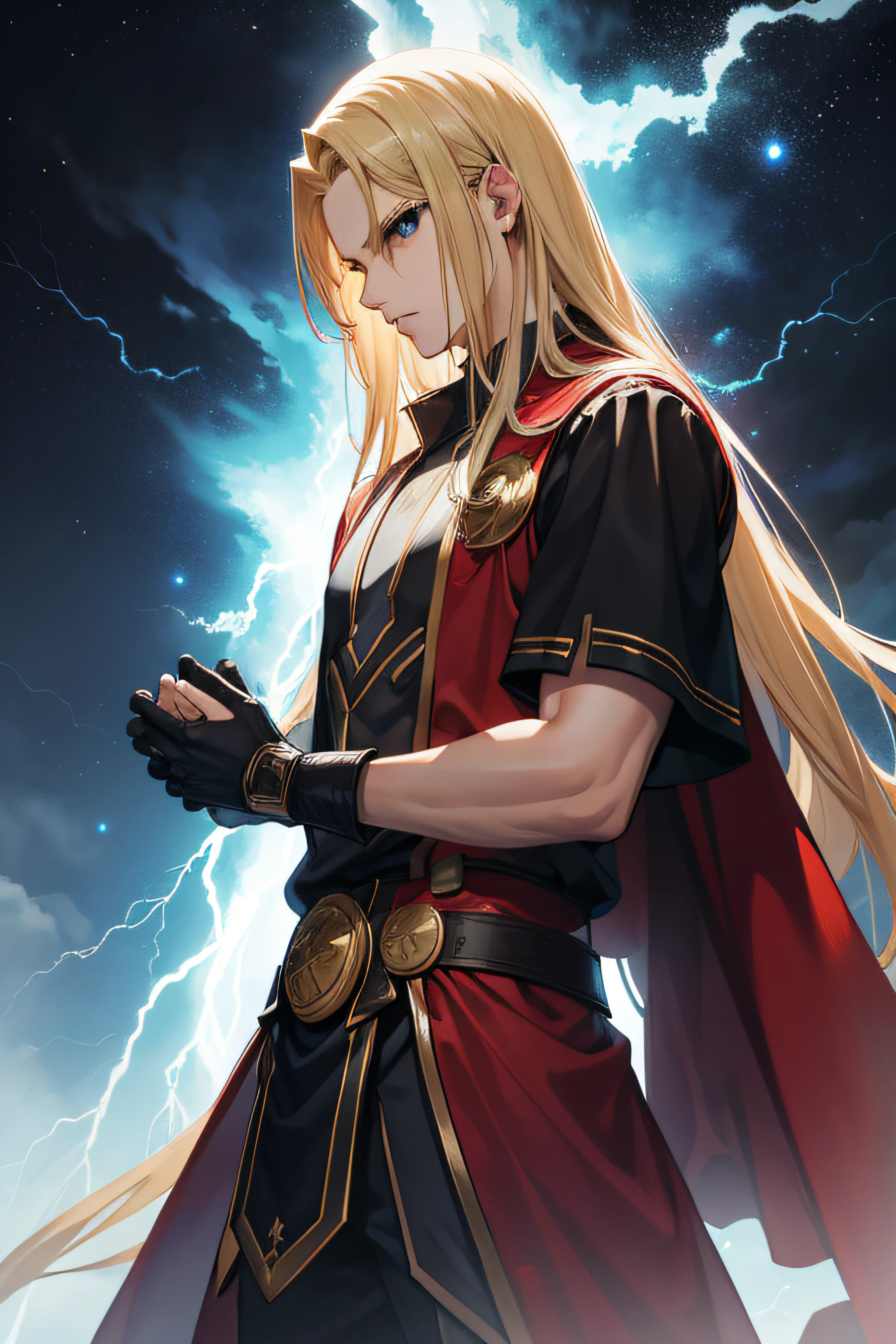 1 solo homem Thor com as roupas de Terry Bogard pretas, raios ao redor de si, thunder, thunder , cabelo blond, roupas pretas, vestes pretas, Nebula and smoke, black cloth, both hands together holding a lightning bolt, um thunder, tempo fechado, tempo nublado, tempo escuro, cidade, raios ao redor