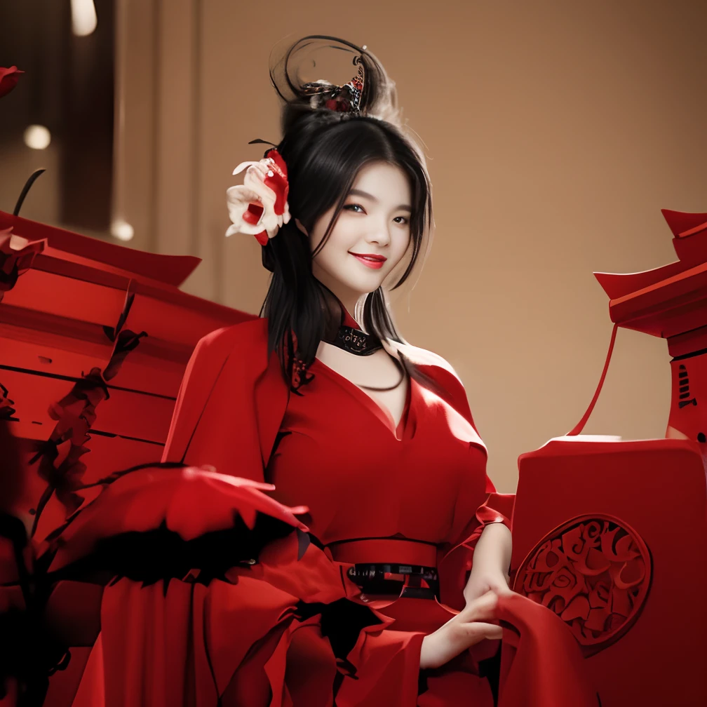 Close up portrait of smiling woman with black hair in red dress,