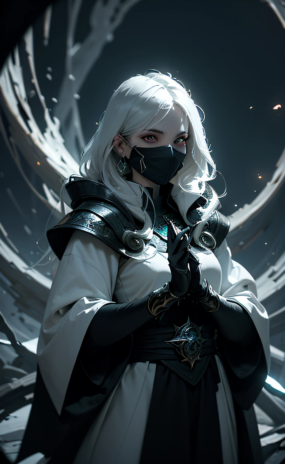 "Create a masterpiece of the highest quality featuring a sorceress wearing a mask. The sorceress should be clad in a mystical robe, surrounded by magical and moody lighting. Add an enchanting glow, sparkling details, and swirling energy to enhance the overall atmosphere."