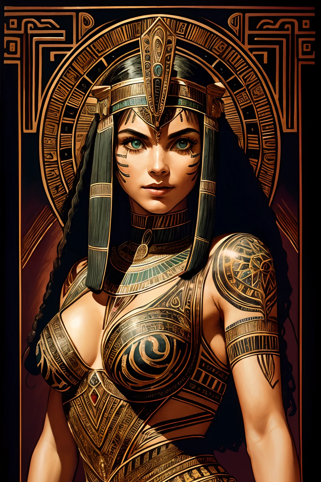 1 adult welsh woman, green eyes, black hair flaps, portrait, solo, upper body, looking at viewer, detailed background, detailed face,  OldEgyptAI, ancient egyptian theme,  feral jungle warrior, pink tribal clothing, obsidian, defensive stance, stone knife, bushes, poisonous plants, rocks,  humid climate, darkness, cinematic atmosphere,
dark chamber, dim light (zentangle, mandala, tangle, entangle:0.6), 
(35mmstyle:1.1), front, masterpiece, 1970s film, , cinematic lighting, photorealistic, high frequency details, 35mm film, (film grain), film noise,