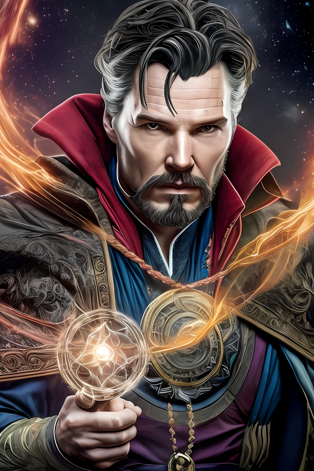 a magic with full beard Doctor Strange with a black and grey armor magic building something in galaxy energy trough his body photorealistic --auto --s2