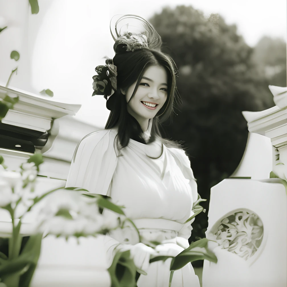 Close up portrait of smiling woman with black hair in white dress,In the gardens of the court