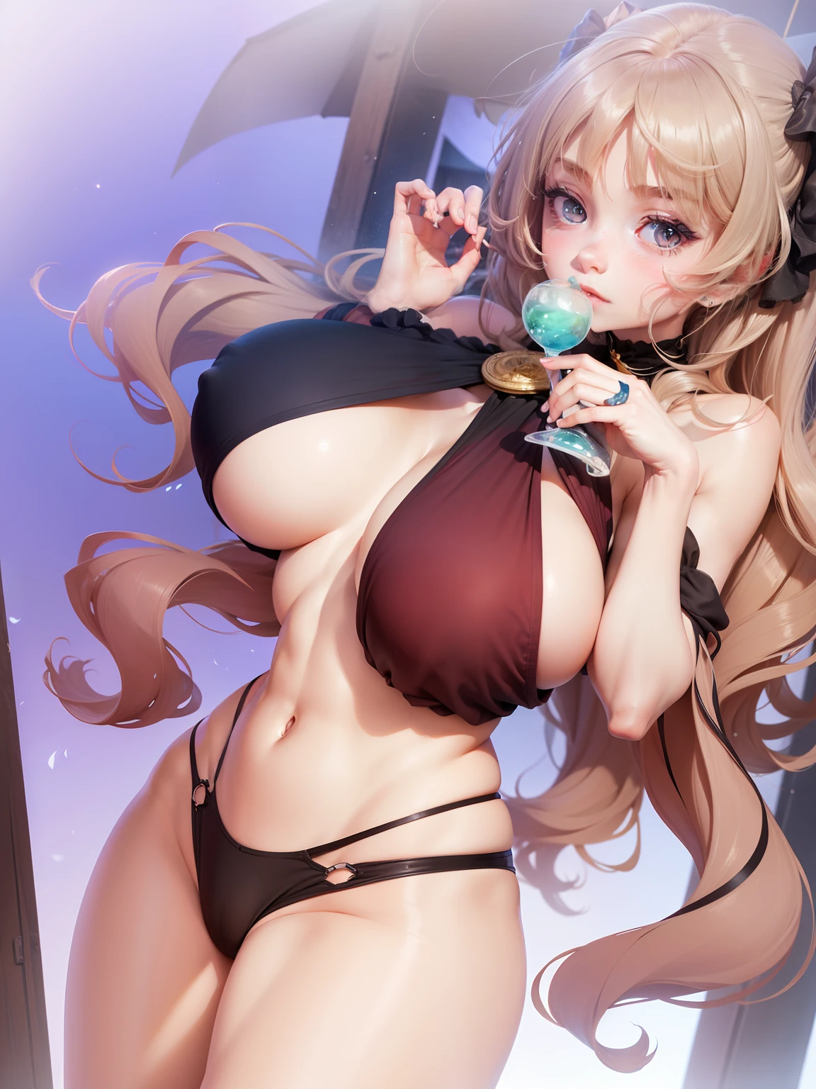 a girl, His body matured into its adult proportions, stands out as the central figure of this piece. Her silhouette is characterized by fully developed breasts, quadris mais largos, e cintura definida, enhancing her feminine allure. Her skin is fair, with a natural variation of tone that deepens around her – a subtle detail that underscores the authenticity of her depiction, Seios enormes
