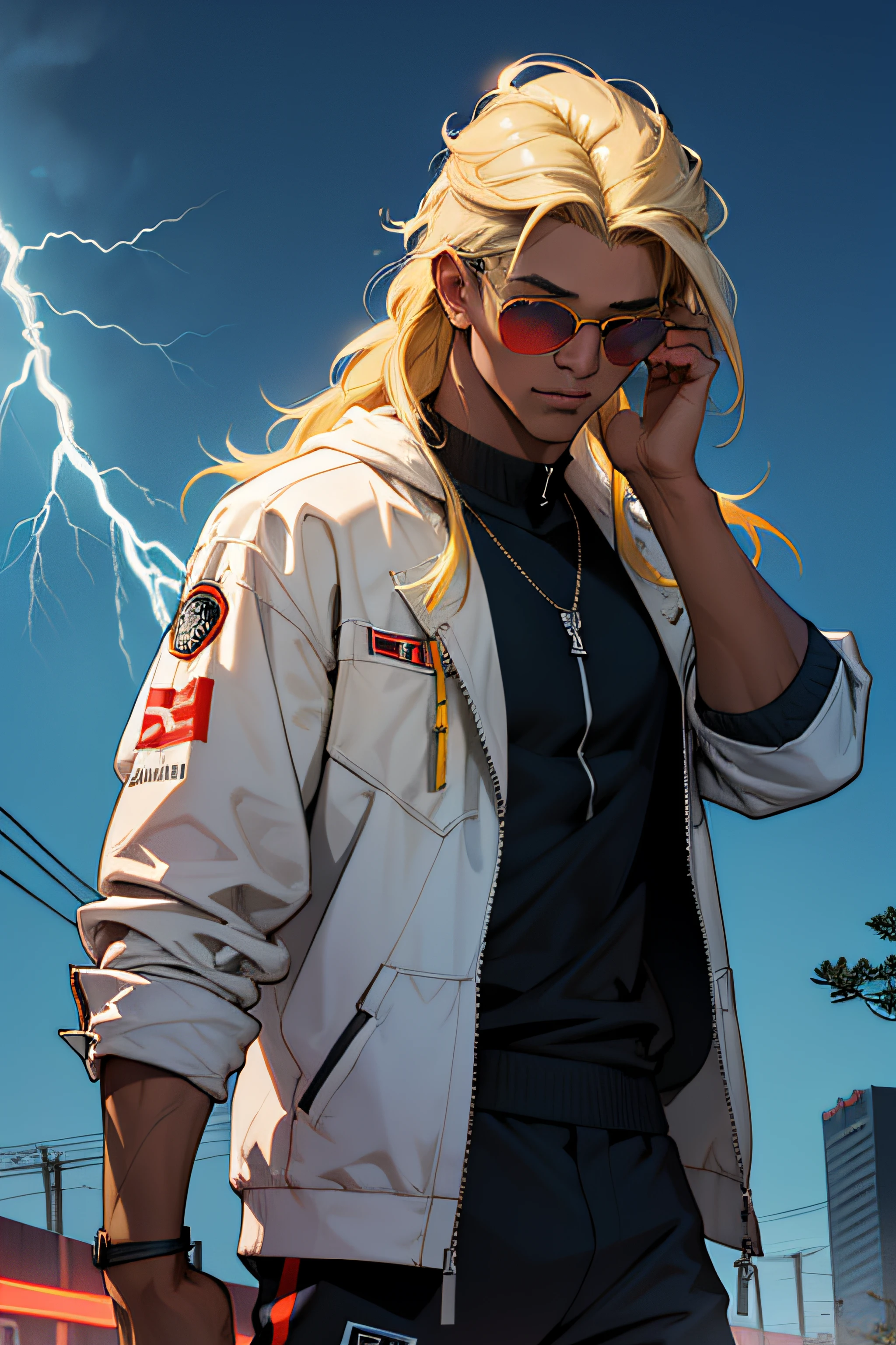Thunder ao redor, Homem corpo adulto, roupa preta, ((cabelo blond)), roupas Satoru gojou, roupas escuras, roupas pretas, ((hands on sunglasses)), fundo neon, fundo Tokyo, cabelo longo, bola de chiclete na boca, thunder around, bar, thunder, thunder ao redor