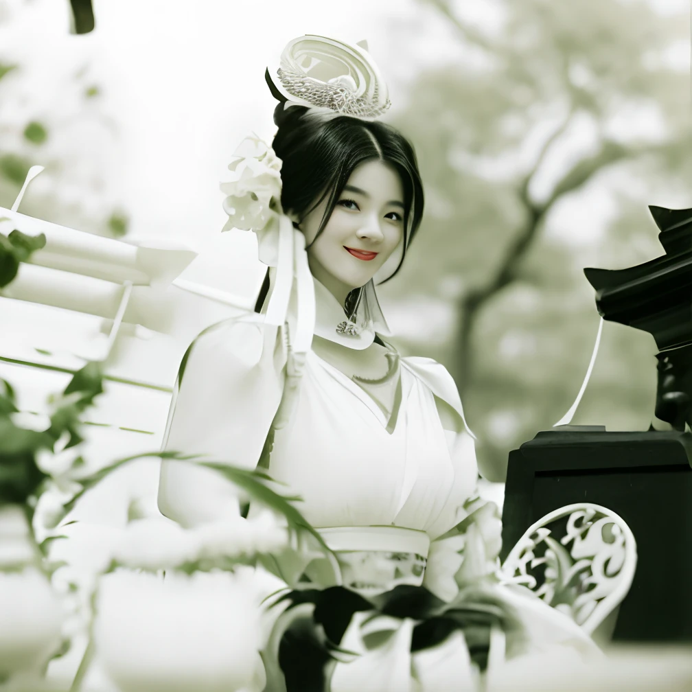 Close up portrait of smiling woman with black hair in white dress,In the gardens of the court