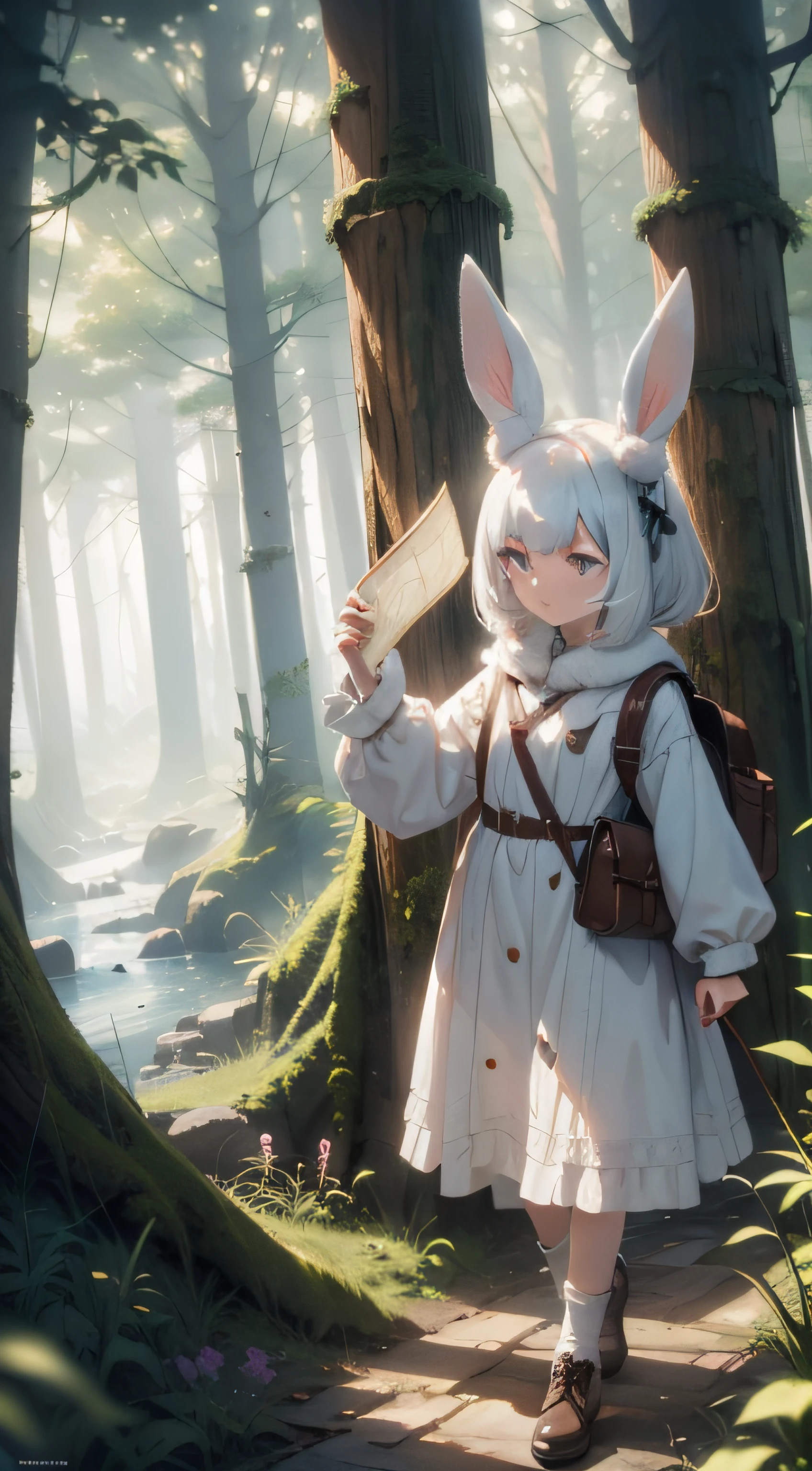 Classic negative portrait photo, fantasy video game character concept art, a cute white fluffy rabbit with a small brown leather backpack looking at a map hiking through the forest, dungeons and dragons, fantasy, river, haze, halo, Bloom, dramatic atmosphere, dark fantasy film of the 1970s, centered, rule of thirds