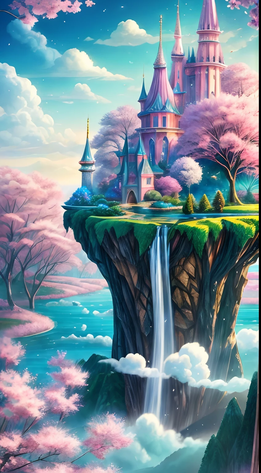 Envision a mesmerizing scene of a magnificent realm of romantic dreams. The environment is filled with intricate floating islands, fluffy clouds, waterfalls cascading from the floating islands, and a vibrant, surreal atmosphere. The atmosphere is filled with a sense of wonder and tranquility. Include many shades of pink in the image along with other vibrant jewel-toned hues. This scene will be depicted in an anime-style illustration, with soft lines, pastel colors, and a whimsical touch. All buildings are extremely detailed and elegant. The artwork will capture the ethereal beauty and tranquility of the dreamlike realm, creating a sense of harmony and escape from the ordinary world. Include teal water, colorful watercolor skies, glowing elements, and many small fantasy details including iridescence, expertly created majestic landscapes, and shimmer and glimmer. Above all else, this should look like a fantasy artwork.