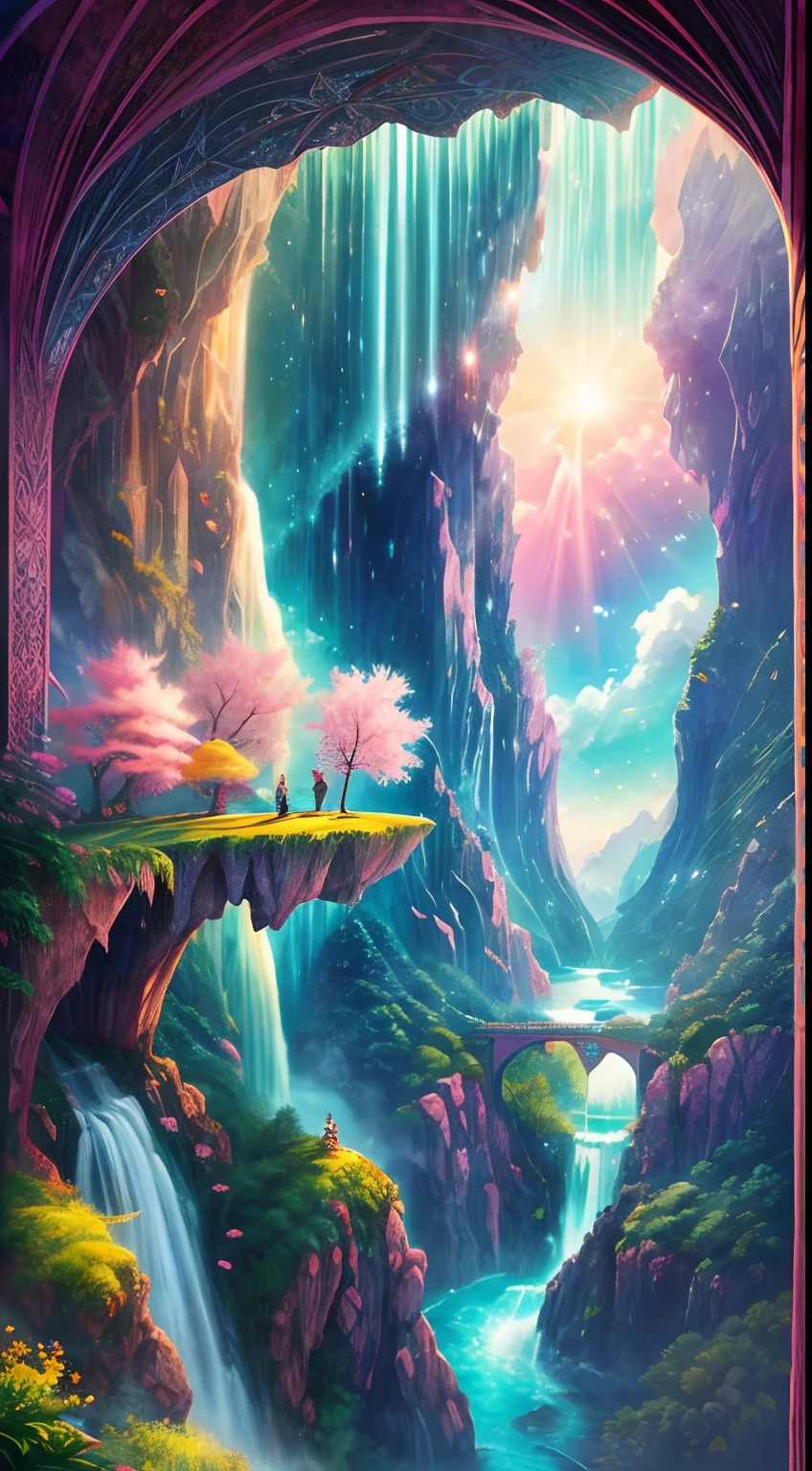 Envision a mesmerizing scene of a magnificent realm of romantic dreams. The environment is filled with intricate floating islands, fluffy clouds, waterfalls cascading from the floating islands, and a vibrant, surreal atmosphere. The atmosphere is filled with a sense of wonder and tranquility. Include many shades of pink in the image along with other vibrant jewel-toned hues. This scene will be depicted in an anime-style illustration, with soft lines, pastel colors, and a whimsical touch. All buildings are extremely detailed and elegant. The artwork will capture the ethereal beauty and tranquility of the dreamlike realm, creating a sense of harmony and escape from the ordinary world. Include teal water, colorful watercolor skies, glowing elements, and many small fantasy details including iridescence, expertly created majestic landscapes, and shimmer and glimmer. Above all else, this should look like a fantasy artwork.