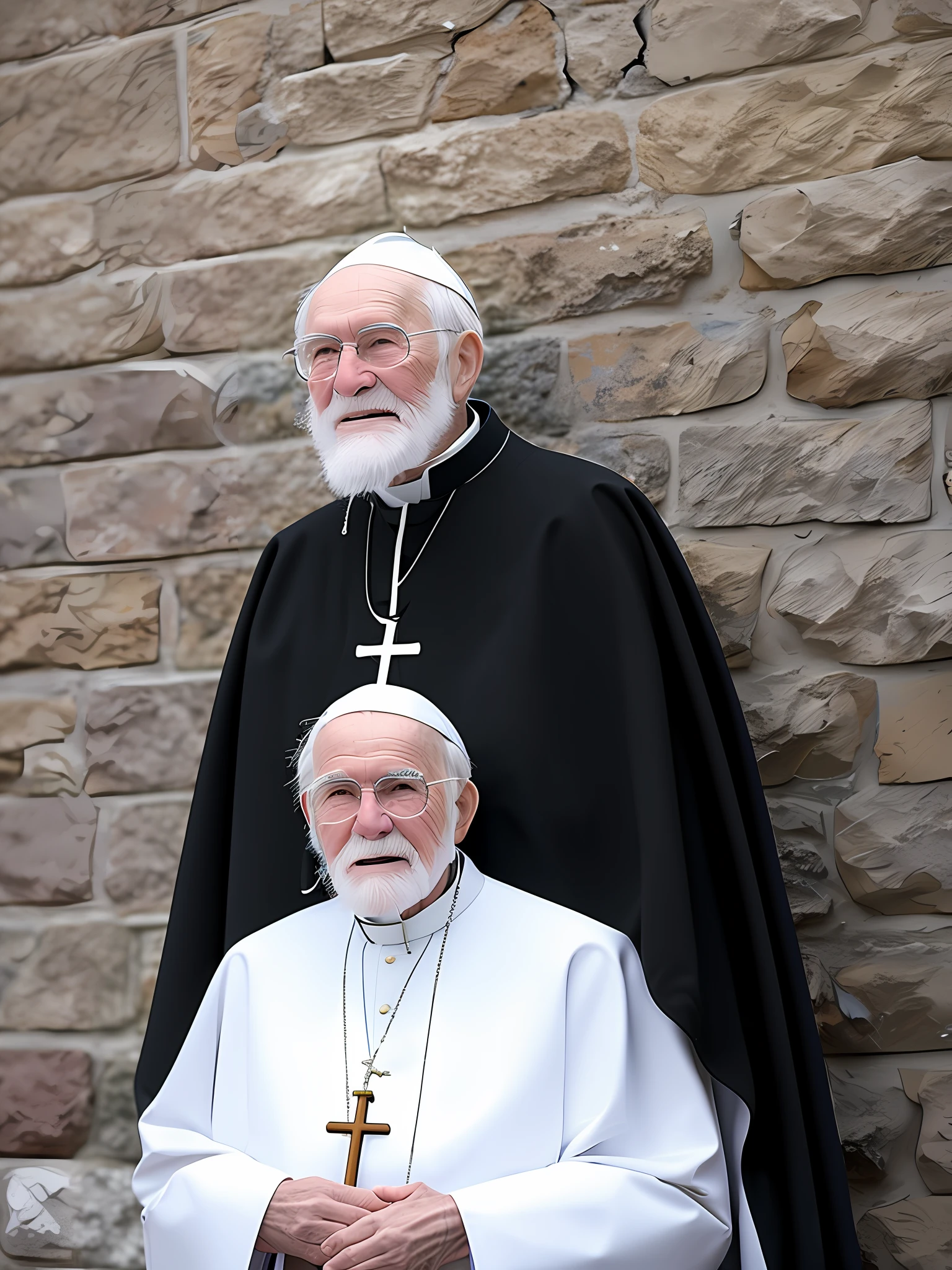 An elderly man with a white beard and wearing a white and red Catholic bishop's outfit high on a wall.