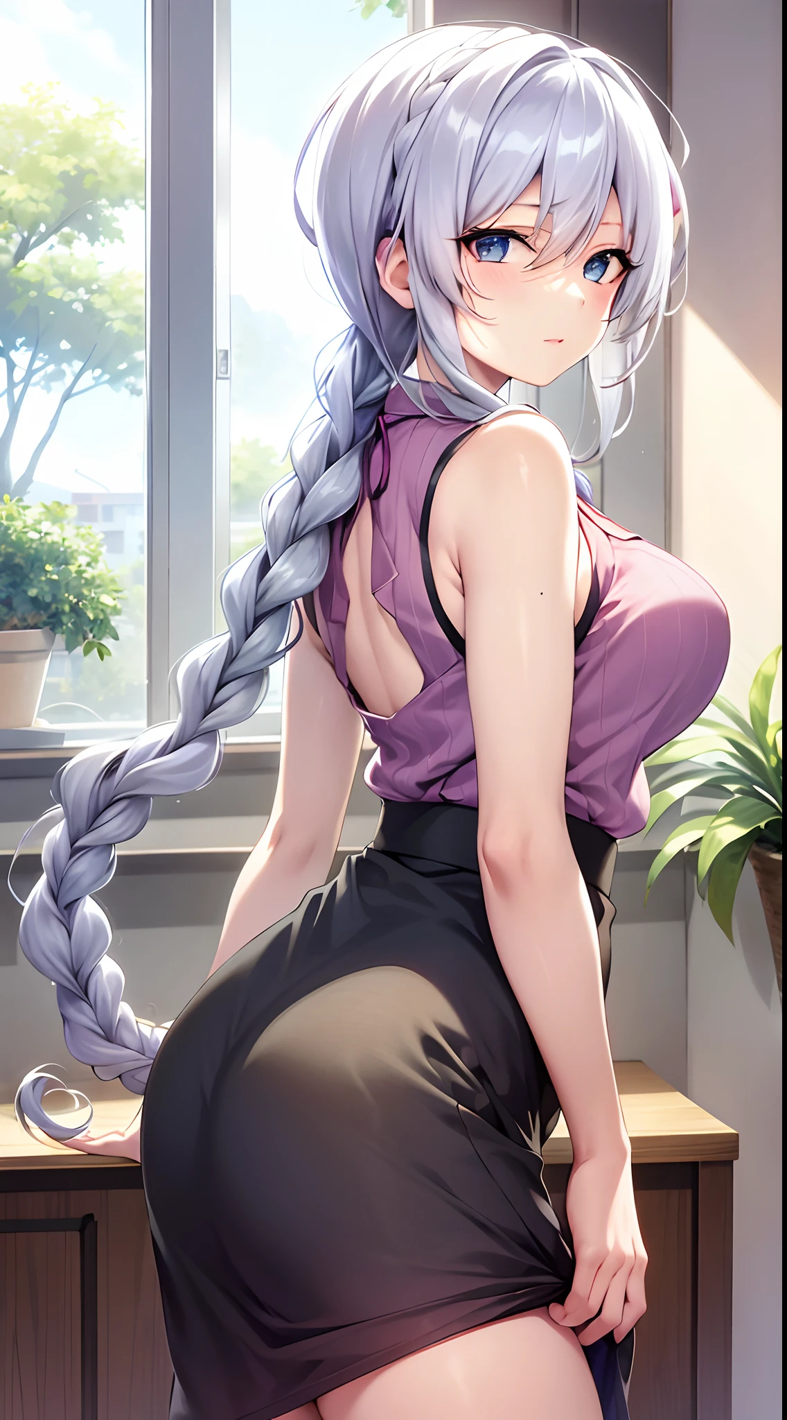 masterpiece, ultra-detailed hair, better lights, better shadows,1girl, yukino, , skirt, silver hair, solo, long hair, large breastseyes, braid, ass, looking aiewer, braided ponytail, hair ornament, sleeveless, hair flower, black skirt, shirt, indoors, flower, looking back, bangs, bare shoulders, from the front, window, thighs, mole under eye, sleeveless shirt, pink shirt, blush, bare arms, office lady, very long hair, plant, contemporary, parted lips, miniskirt, single braid, closed mouth, purple flower, pantylines, ribbert,