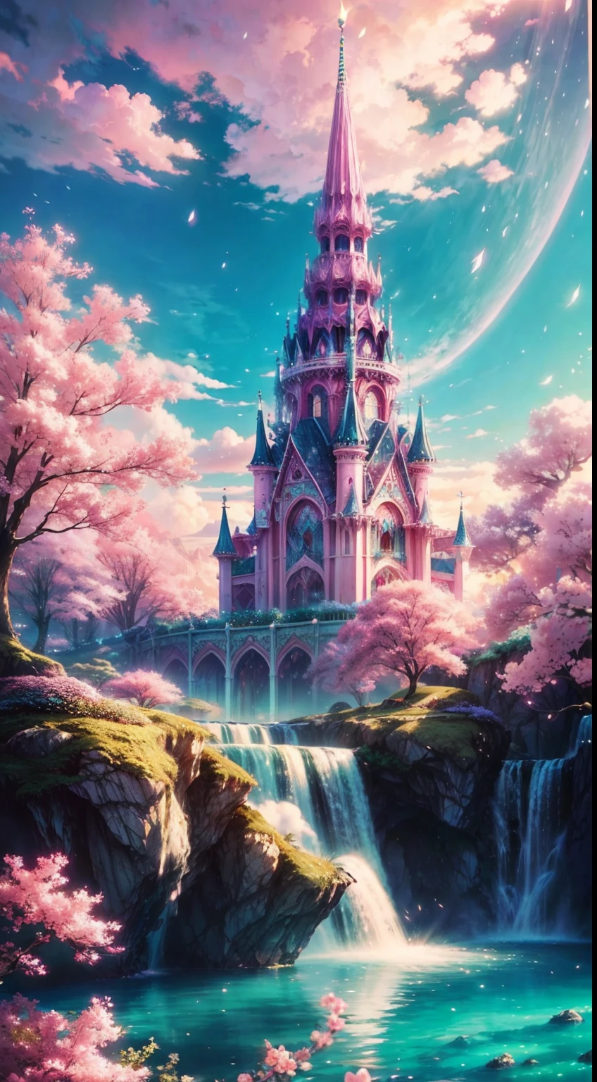 Envision a mesmerizing scene of a magnificent realm of romantic dreams. The environment is filled with intricate floating islands, fluffy clouds, waterfalls cascading from the floating islands, and a vibrant, surreal atmosphere. The atmosphere is filled with a sense of wonder and tranquility. Include many shades of pink in the image along with other vibrant jewel-toned hues. This scene will be depicted in an anime-style illustration, with soft lines, pastel colors, and a whimsical touch. All buildings are extremely detailed and elegant. The artwork will capture the ethereal beauty and tranquility of the dreamlike realm, creating a sense of harmony and escape from the ordinary world. Include teal water, colorful watercolor skies, glowing elements, and many small fantasy details including iridescence, expertly created majestic landscapes, and shimmer and glimmer. Above all else, this should look like a fantasy artwork.