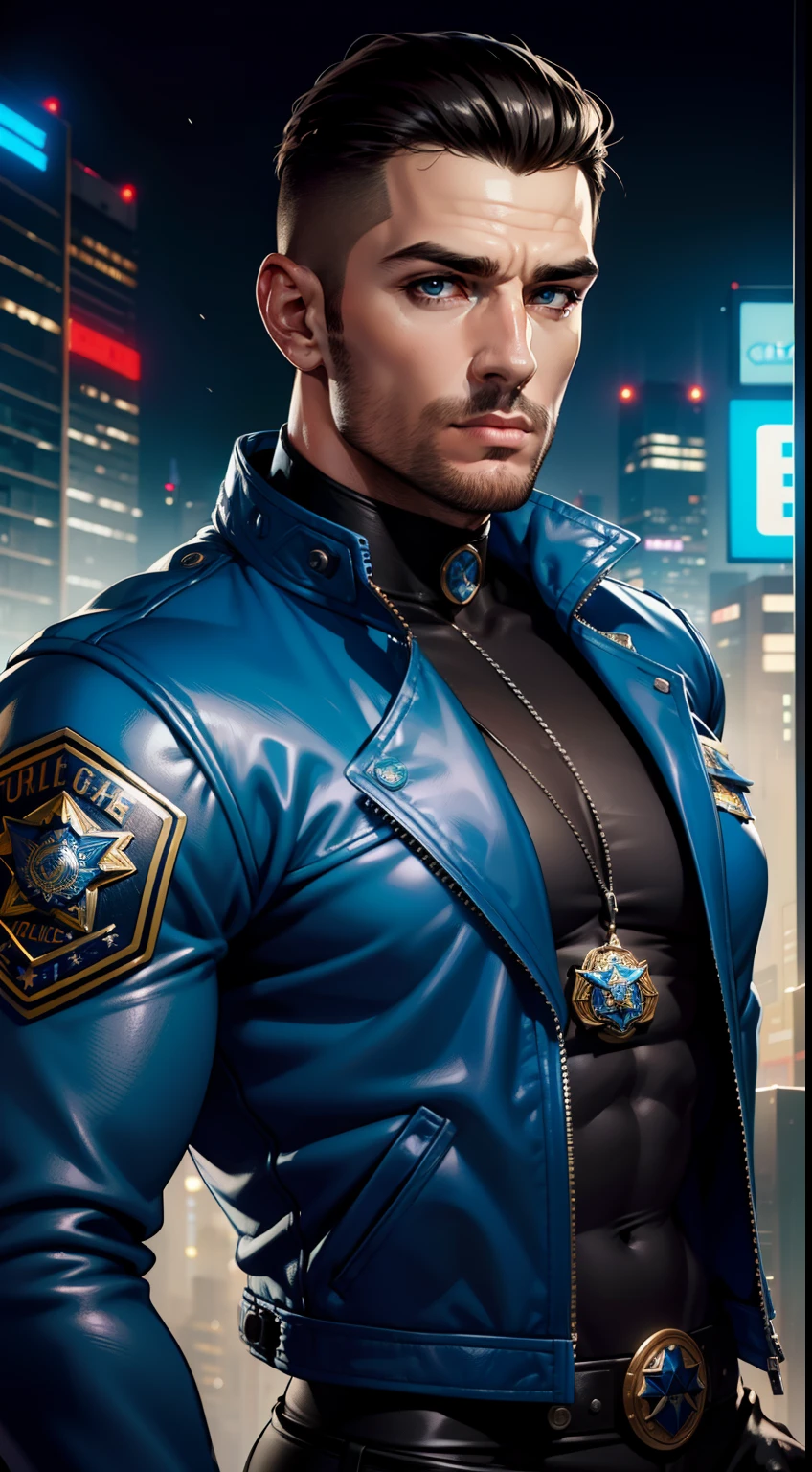 Retrato do anjo como um belo modelo masculino musculoso, Georgia Fowler, rosto bonito, com cabelos castanhos escuros curtos, In the Cyberpunk City at Night. He's wearing a blue leather jacket, black pant, lighting dramatic, (police badge:1.2)