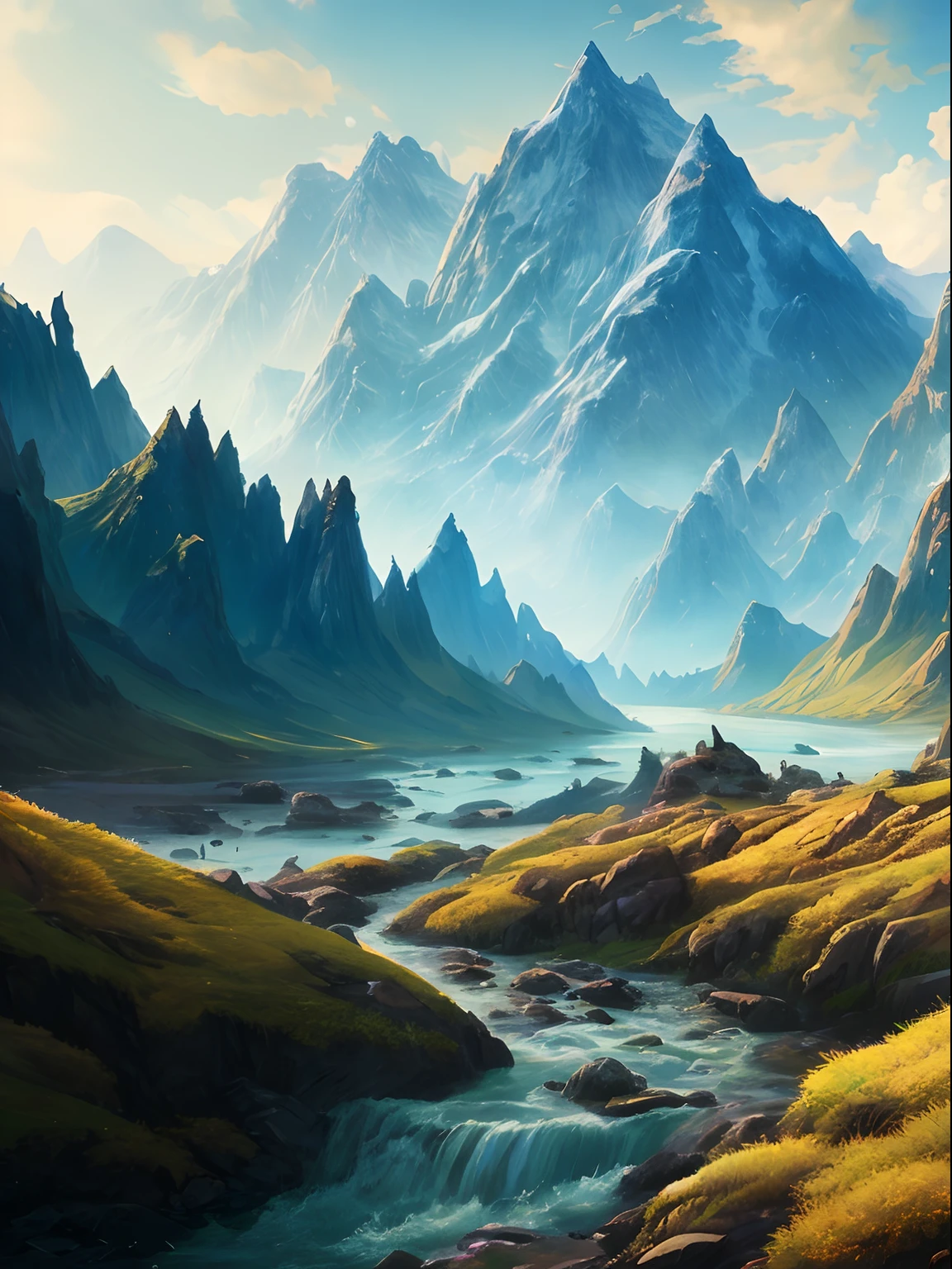 A painting of a mountain landscape with rivers and mountains, ross tran. scenery background, Landscape wallpaper, author:Sylvain Salair, most epic landscape, silvain sarrailh, concept-art. epic landscapes, inspired by sylvain sarrailh, Anime landscape, andreas rocha style, environment painting, anime landscape wallpapers, amazing wallpapers